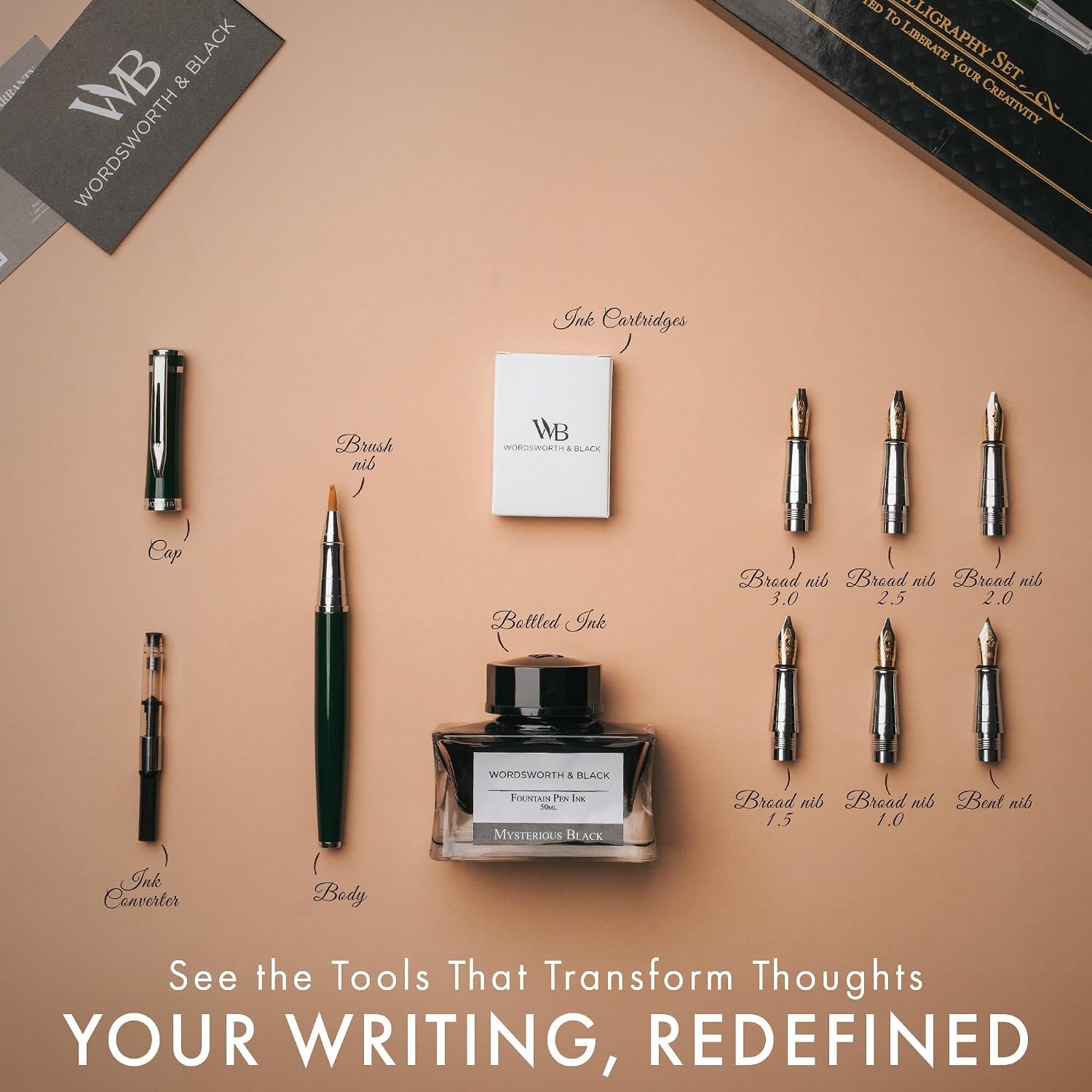 image:imageWordsworth amp Black Calligraphy Pen Gift Set Includes Bottle 6 Cartridges Refill Converter 6 Replacement Nibs Premium Package Journaling Smooth Writing Pens Red ChromeGreen Chrome