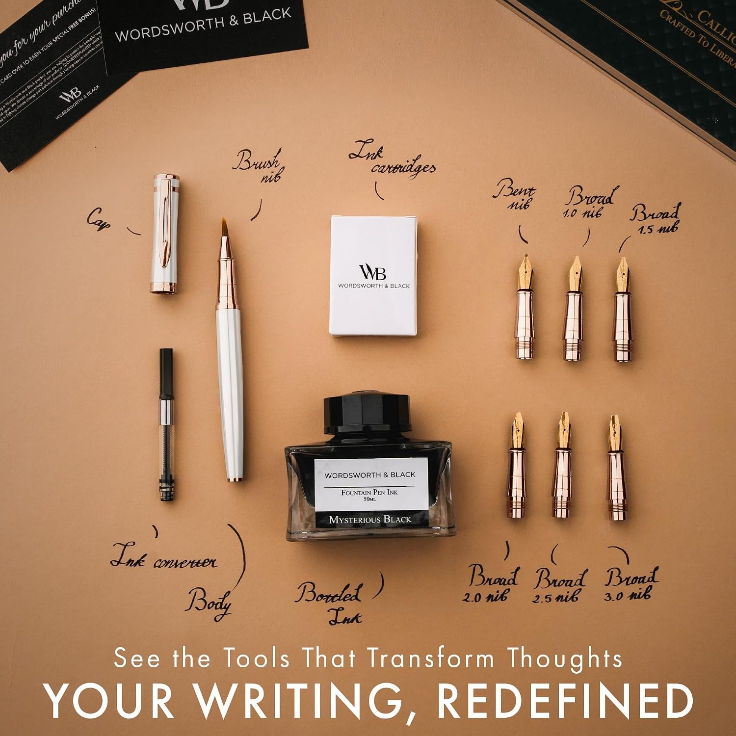 image:imageWordsworth amp Black Calligraphy Pen Gift Set Includes Bottle 6 Cartridges Refill Converter 6 Replacement Nibs Premium Package Journaling Smooth Writing Pens Red ChromeWhite Rose Gold