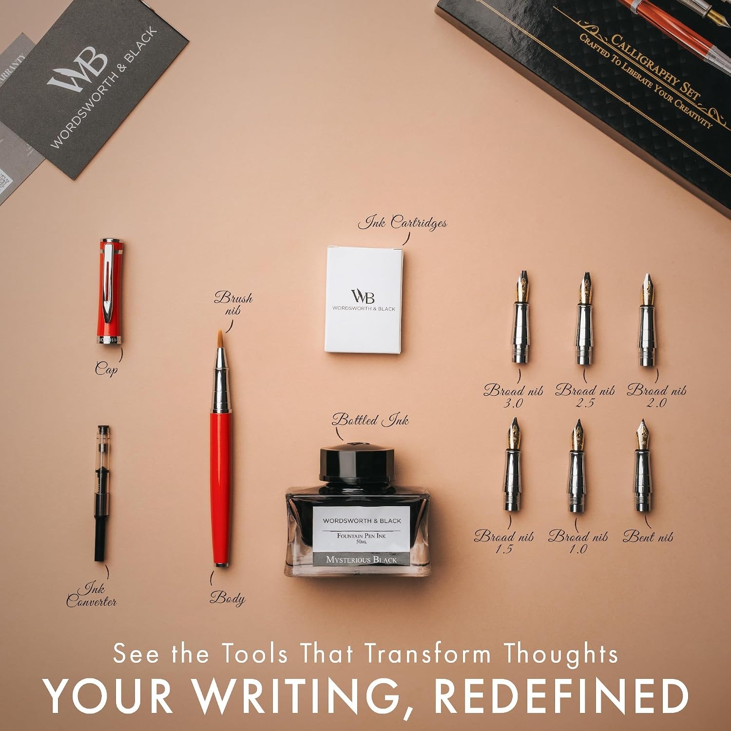 image:imageWordsworth amp Black Calligraphy Pen Gift Set Includes Bottle 6 Cartridges Refill Converter 6 Replacement Nibs Premium Package Journaling Smooth Writing Pens Red ChromeRed Chrome