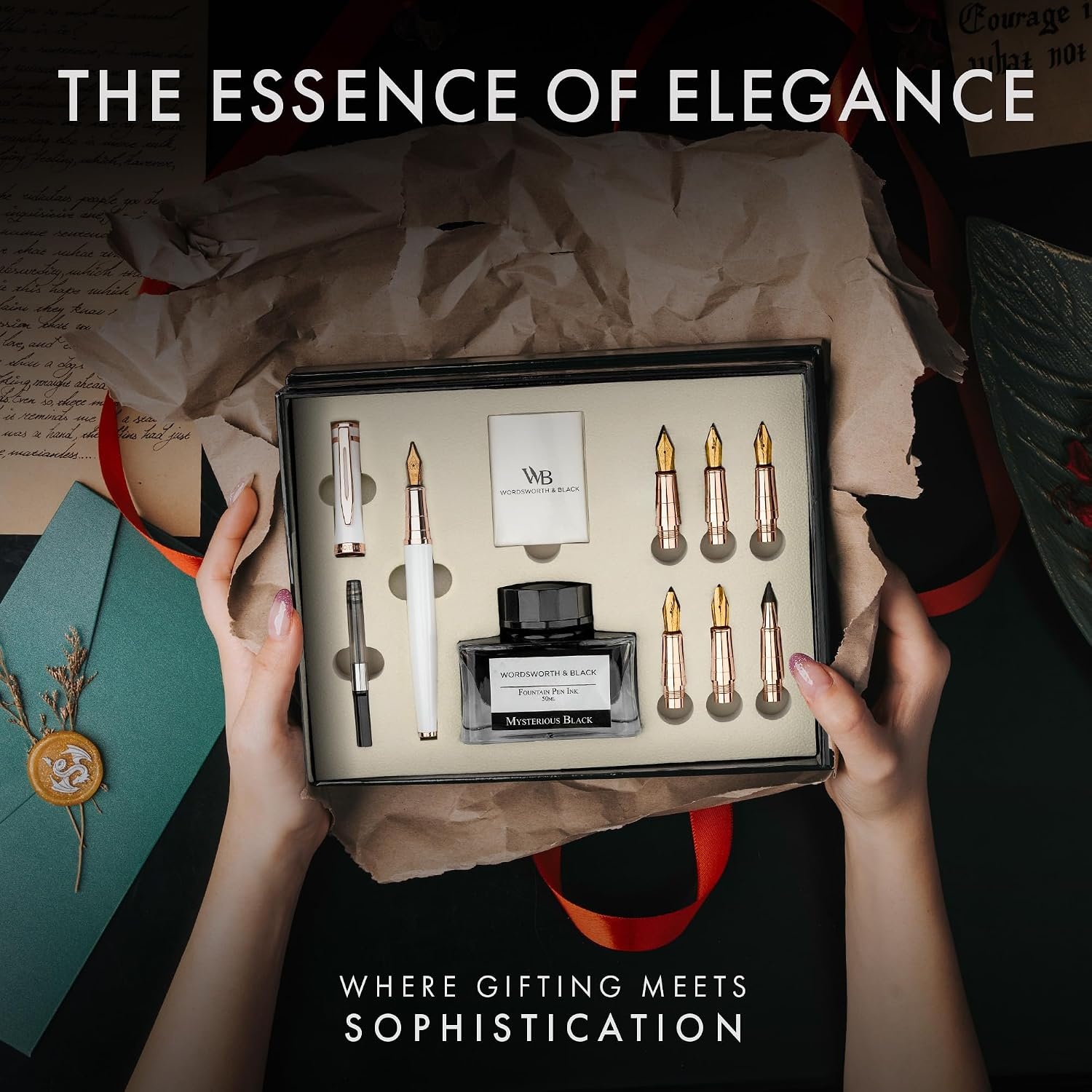 image:imageWordsworth amp Black Calligraphy Pen Gift Set Includes Bottle 6 Cartridges Refill Converter 6 Replacement Nibs Premium Package Journaling Smooth Writing Pens Red ChromeWhite Rose Gold