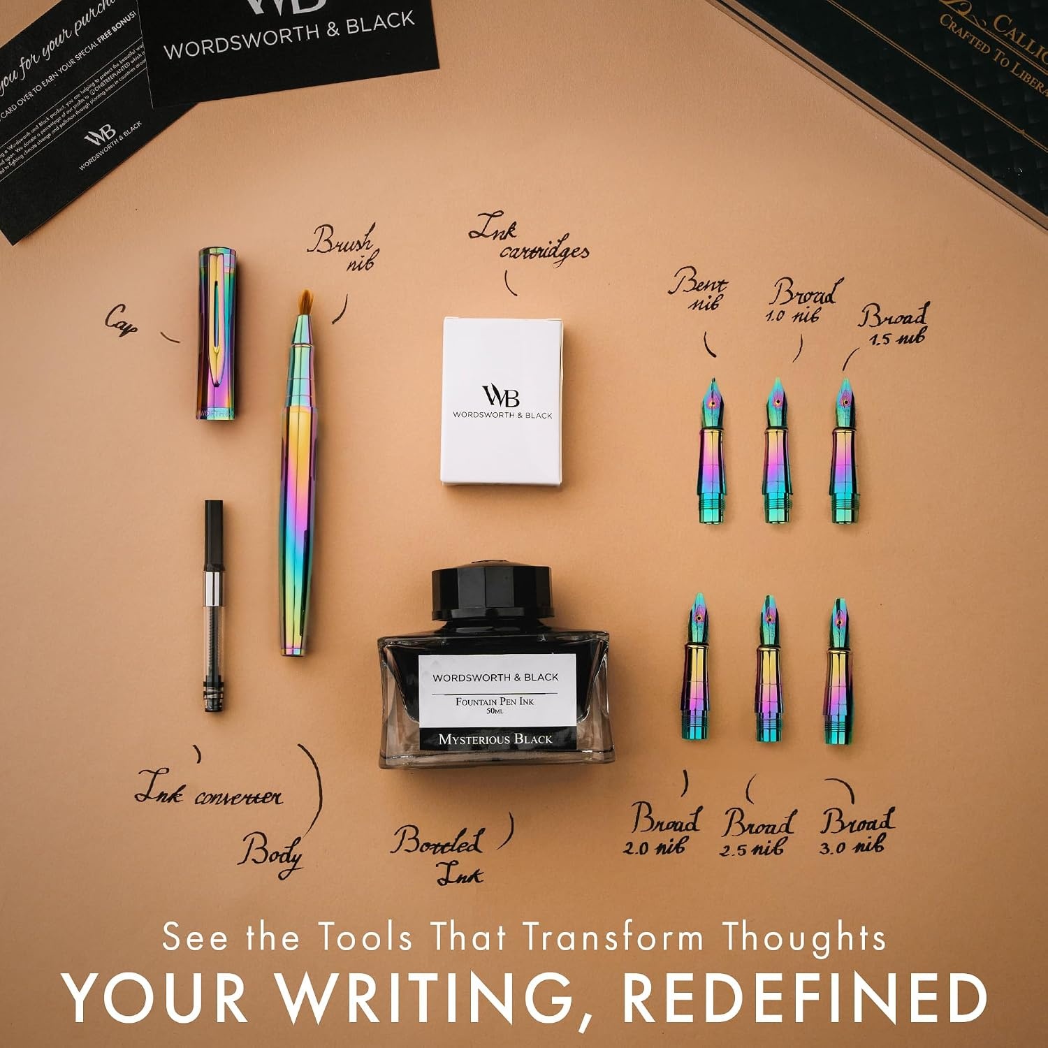 image:imageWordsworth amp Black Calligraphy Pen Gift Set Includes Bottle 6 Cartridges Refill Converter 6 Replacement Nibs Premium Package Journaling Smooth Writing Pens Red ChromeRainbow