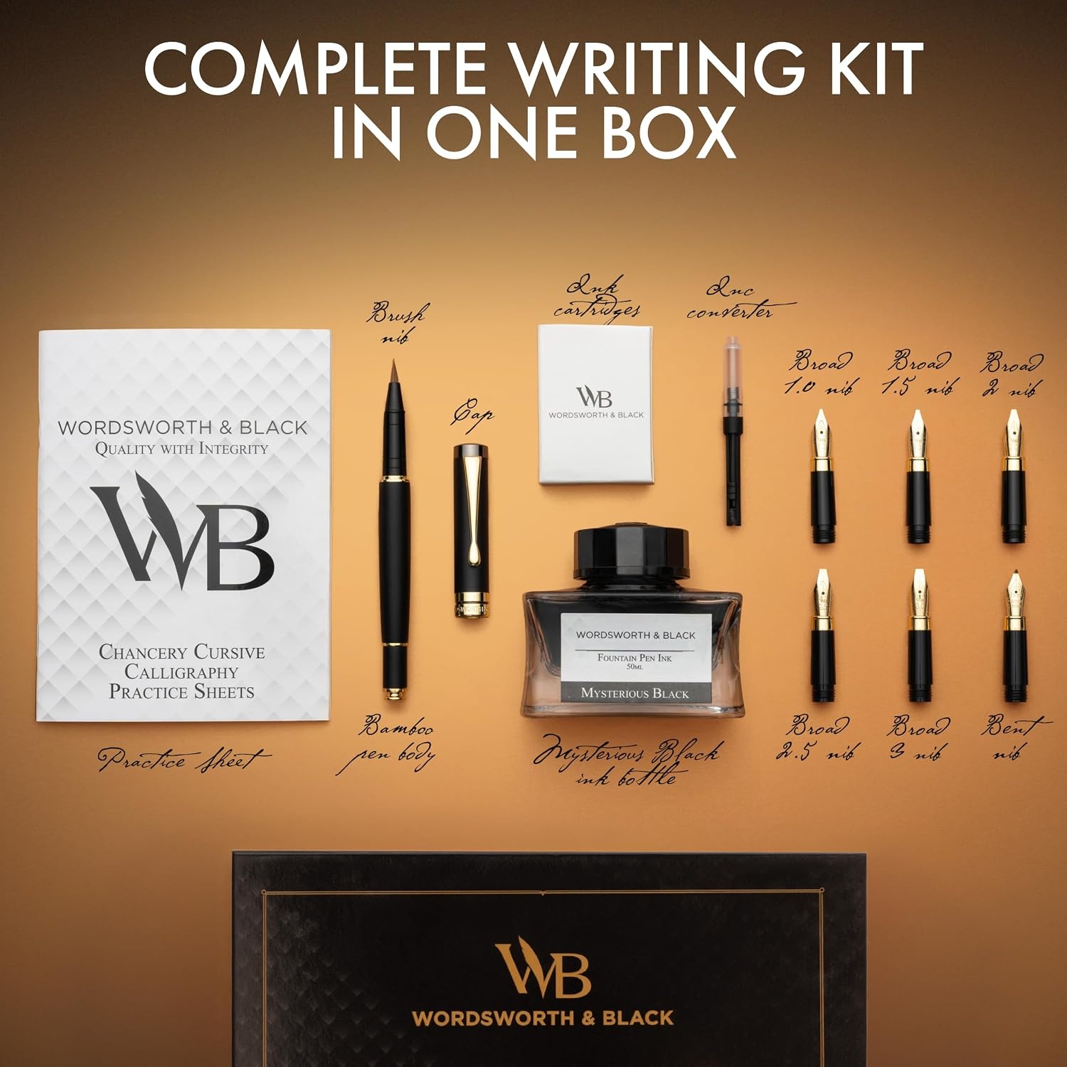 image:imageWordsworth amp Black Calligraphy Pen Gift Set Includes Ink Bottle 6 Cartridges Refill Converter 6 Replacement Nibs Luxury Bamboo Journaling Smooth Writing Pens Black WoodBlack Wood