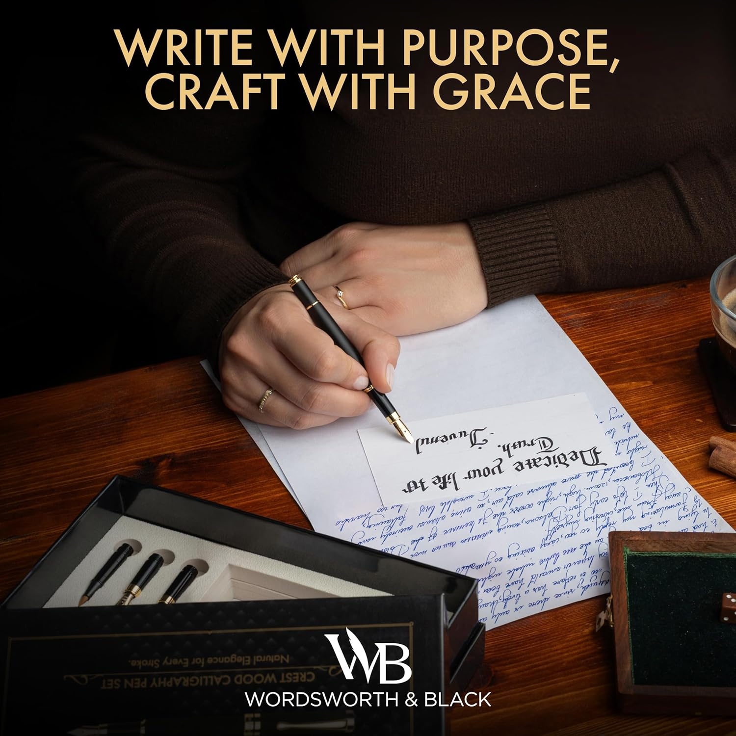 image:imageWordsworth amp Black Calligraphy Pen Gift Set Includes Ink Bottle 6 Cartridges Refill Converter 6 Replacement Nibs Luxury Bamboo Journaling Smooth Writing Pens Black WoodBlack Wood
