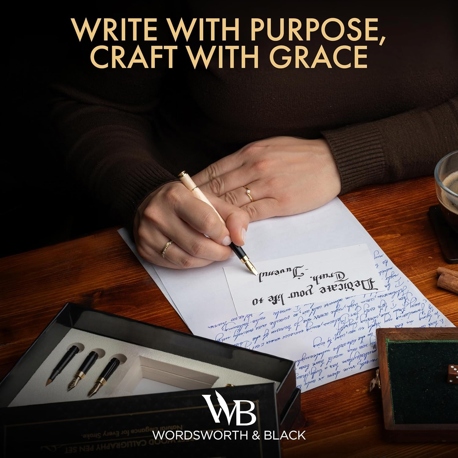 image:imageWordsworth amp Black Calligraphy Pen Gift Set Includes Ink Bottle 6 Cartridges Refill Converter 6 Replacement Nibs Luxury Bamboo Journaling Smooth Writing Pens Black WoodMaple Wood