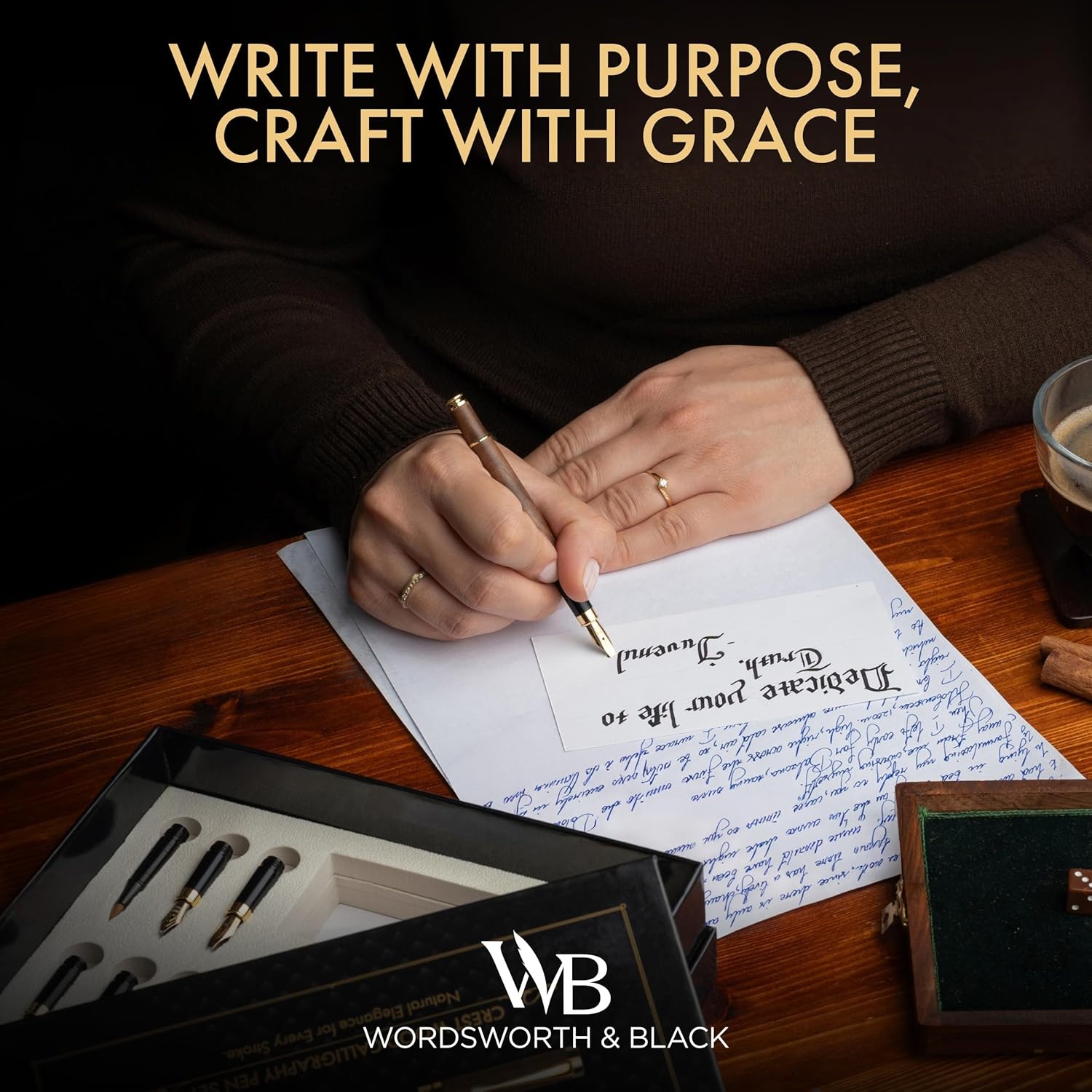 image:imageWordsworth amp Black Calligraphy Pen Gift Set Includes Ink Bottle 6 Cartridges Refill Converter 6 Replacement Nibs Luxury Bamboo Journaling Smooth Writing Pens Black WoodBrown Wood