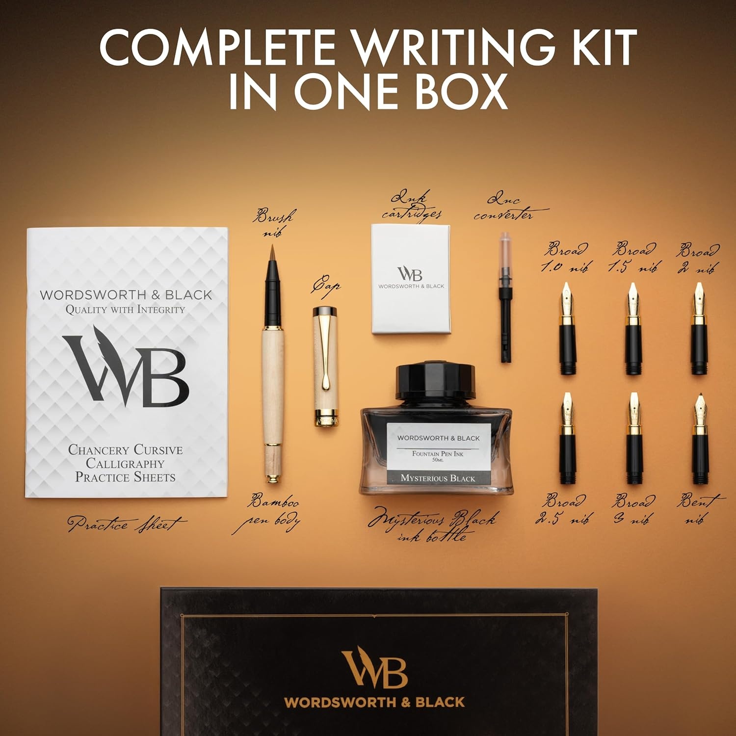 image:imageWordsworth amp Black Calligraphy Pen Gift Set Includes Ink Bottle 6 Cartridges Refill Converter 6 Replacement Nibs Luxury Bamboo Journaling Smooth Writing Pens Black WoodMaple Wood