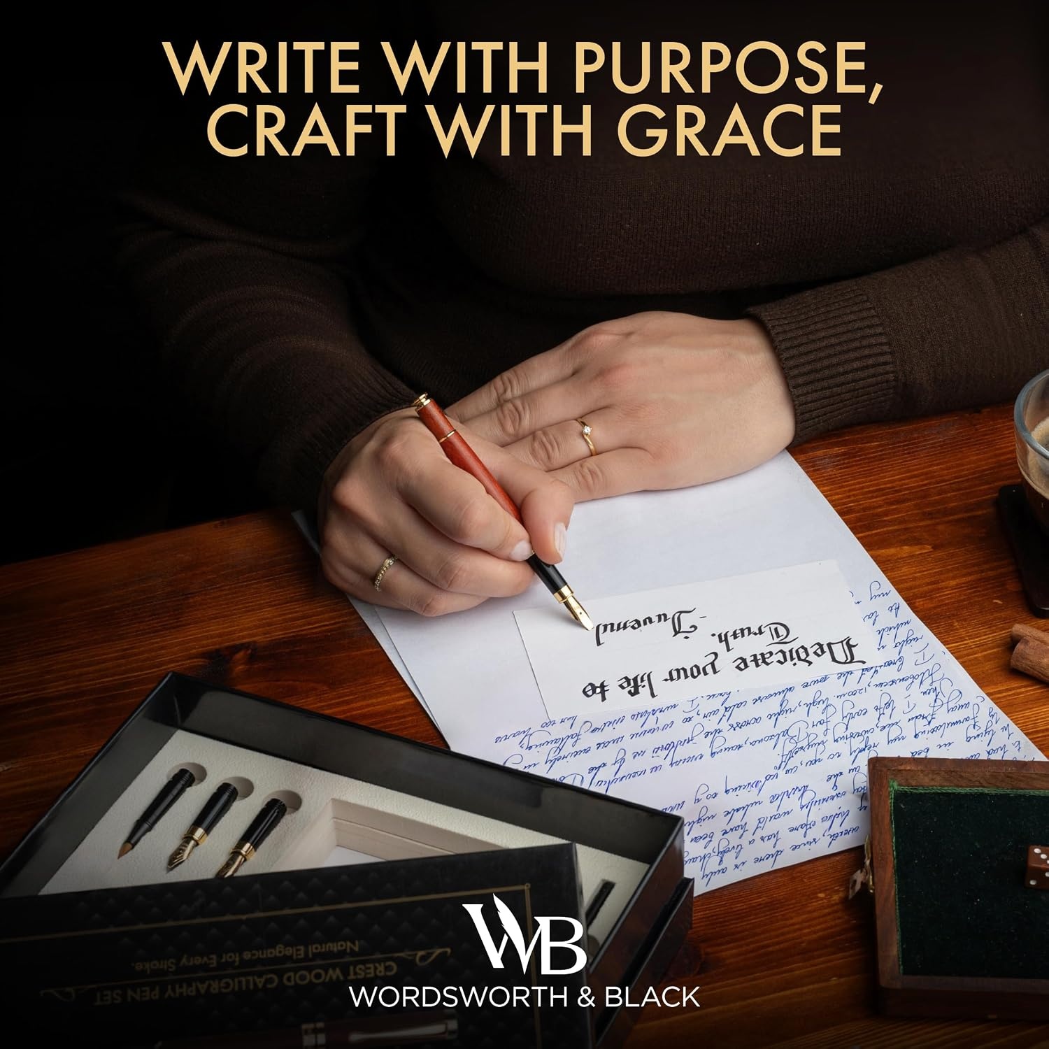 image:imageWordsworth amp Black Calligraphy Pen Gift Set Includes Ink Bottle 6 Cartridges Refill Converter 6 Replacement Nibs Luxury Bamboo Journaling Smooth Writing Pens Black WoodRosewood