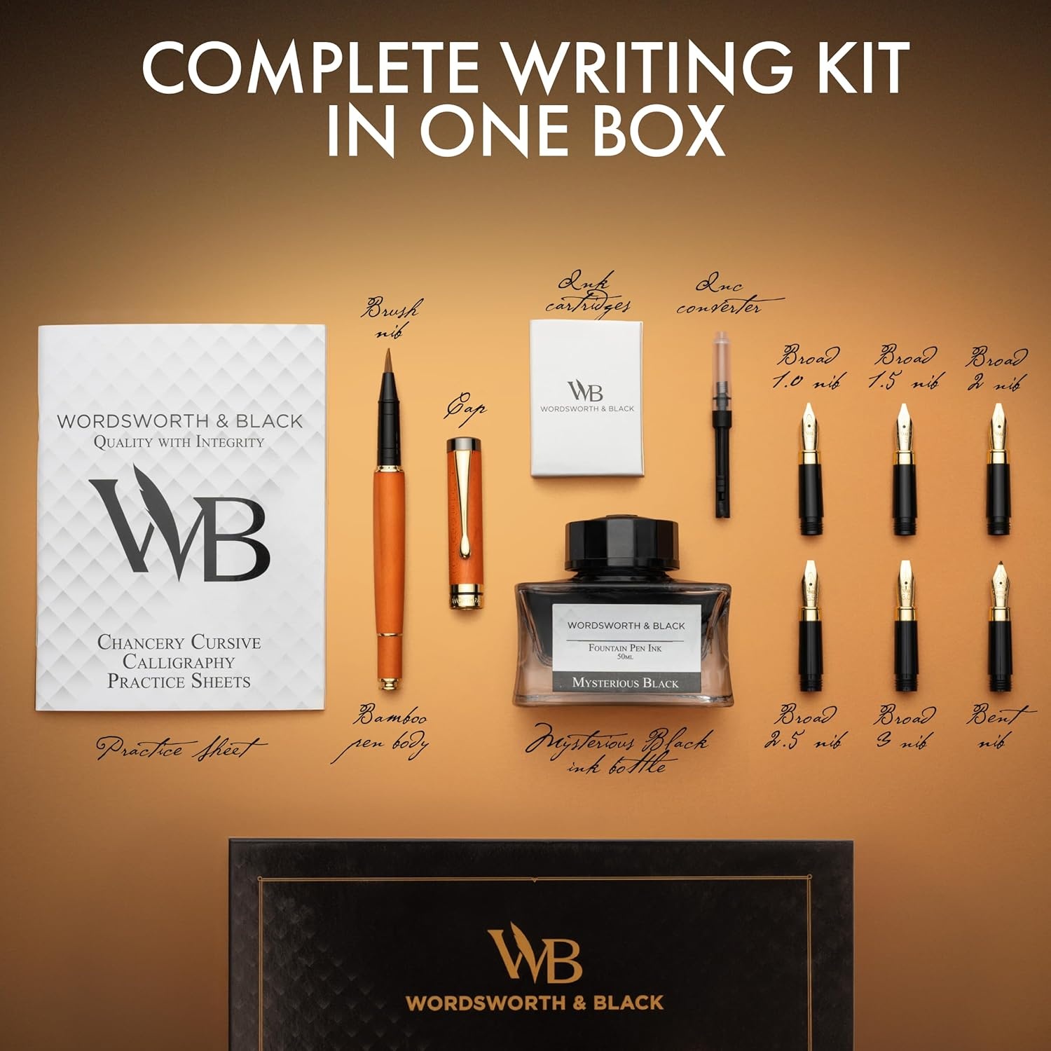 image:imageWordsworth amp Black Calligraphy Pen Gift Set Includes Ink Bottle 6 Cartridges Refill Converter 6 Replacement Nibs Luxury Bamboo Journaling Smooth Writing Pens Black WoodCherry Wood