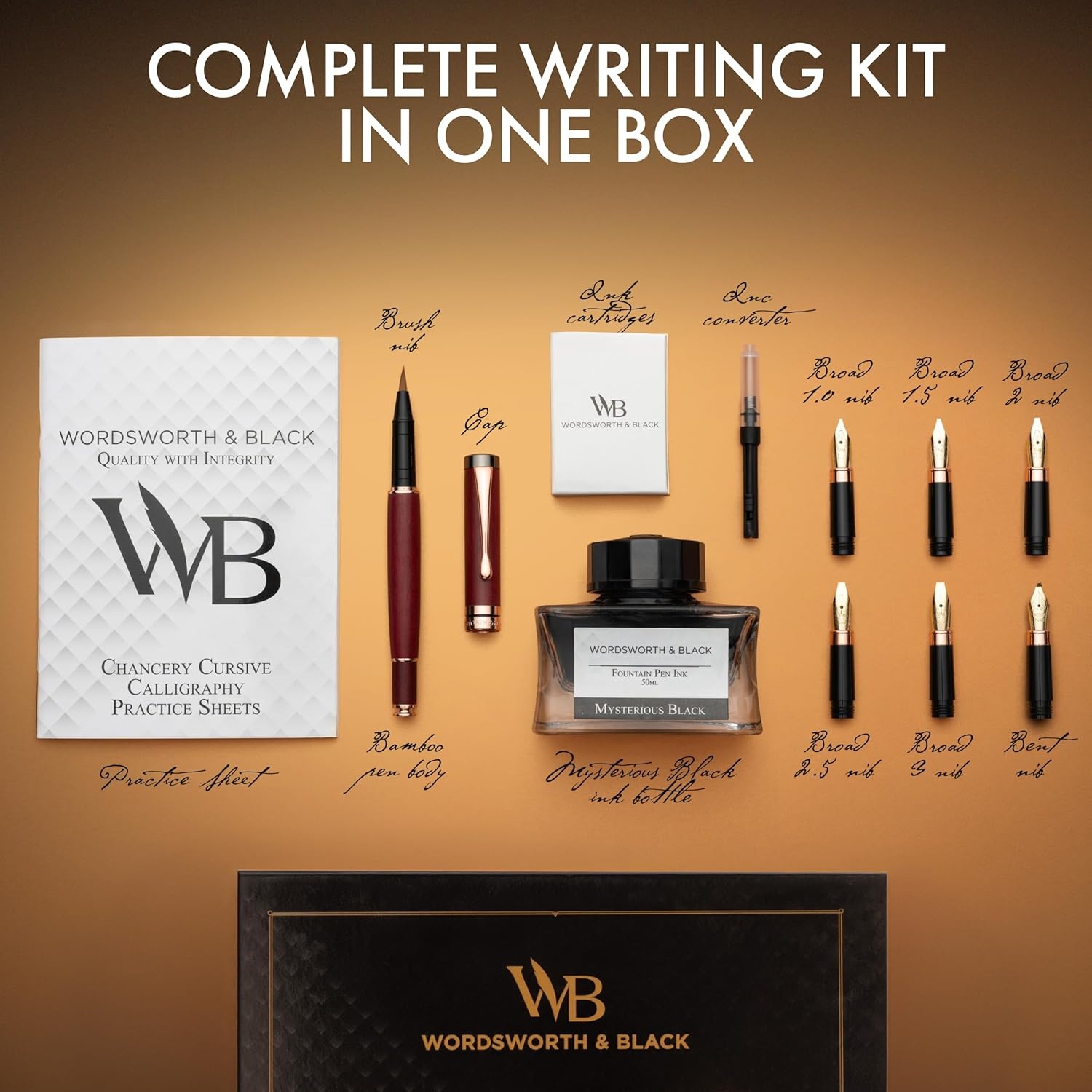image:imageWordsworth amp Black Calligraphy Pen Gift Set Includes Ink Bottle 6 Cartridges Refill Converter 6 Replacement Nibs Luxury Bamboo Journaling Smooth Writing Pens Black WoodViolet Wood