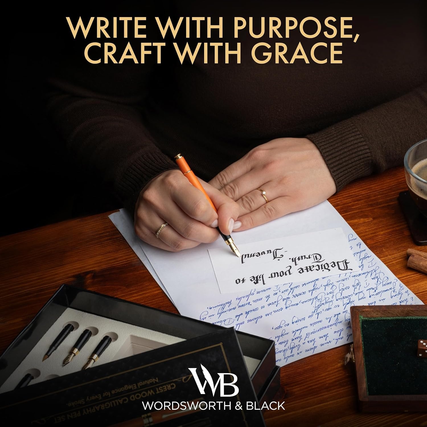 image:imageWordsworth amp Black Calligraphy Pen Gift Set Includes Ink Bottle 6 Cartridges Refill Converter 6 Replacement Nibs Luxury Bamboo Journaling Smooth Writing Pens Black WoodCherry Wood