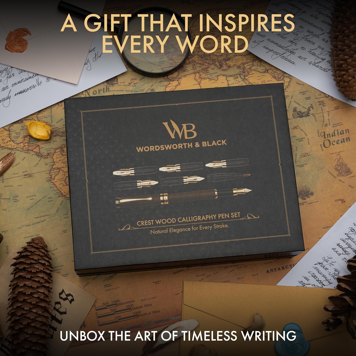 image:imageWordsworth amp Black Calligraphy Pen Gift Set Includes Ink Bottle 6 Cartridges Refill Converter 6 Replacement Nibs Luxury Bamboo Journaling Smooth Writing Pens Black WoodBrown Wood