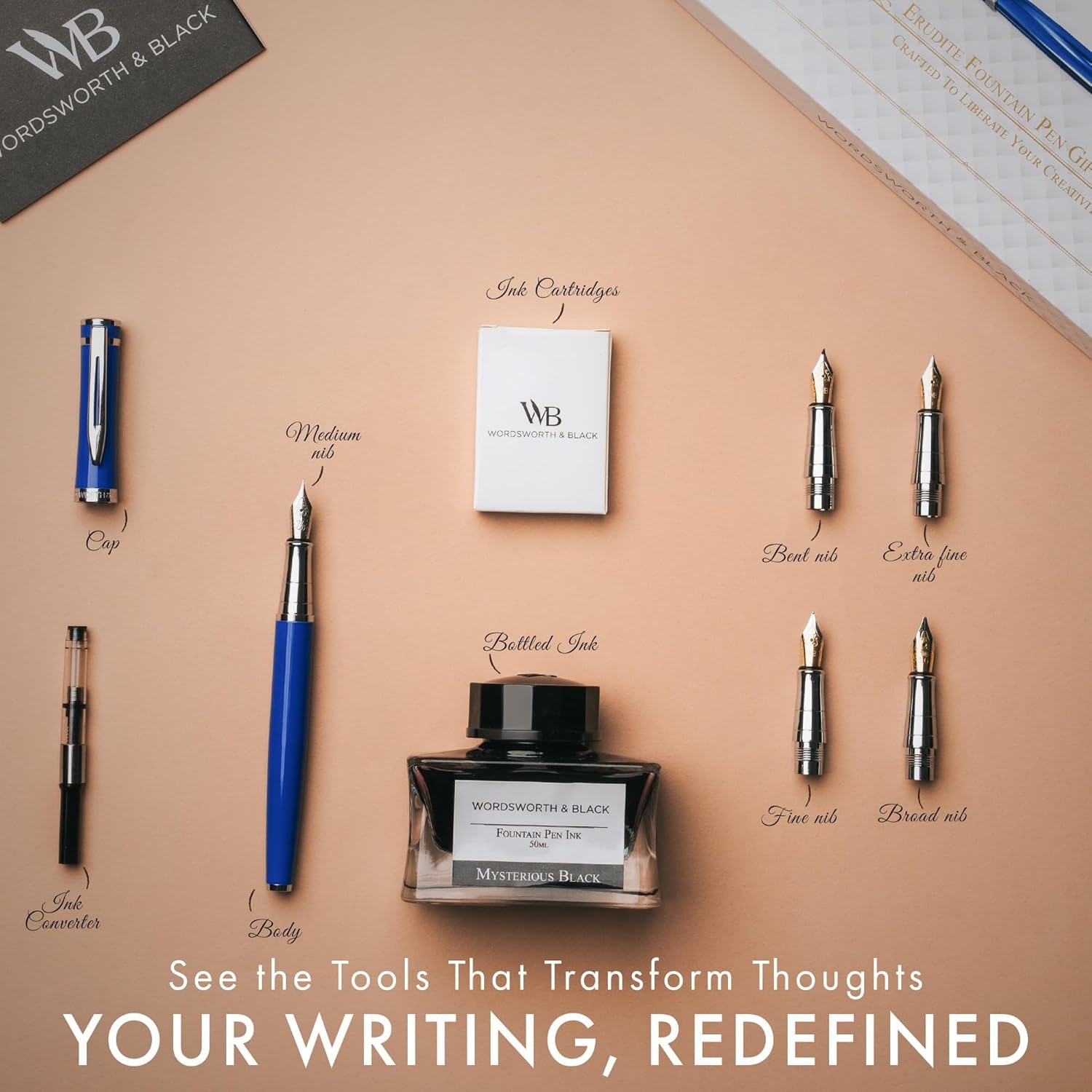 image:imageWordsworth amp Black Fountain Pen Gift Set Includes Bottle 6 Cartridges Refill Converter 4 Replacement Nibs Premium Package Journaling Calligraphy Smooth Writing Pens Red ChromeBlue Chrome