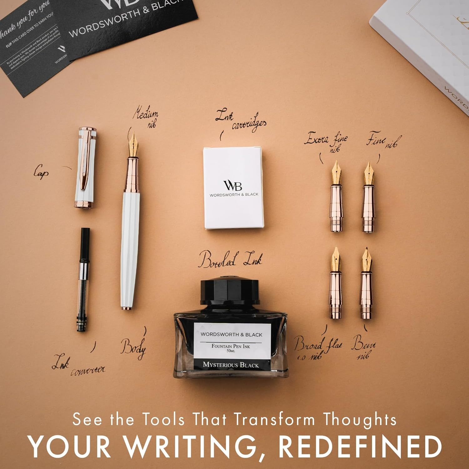 image:imageWordsworth amp Black Fountain Pen Gift Set Includes Bottle 6 Cartridges Refill Converter 4 Replacement Nibs Premium Package Journaling Calligraphy Smooth Writing Pens Red ChromeWhite Rose Gold