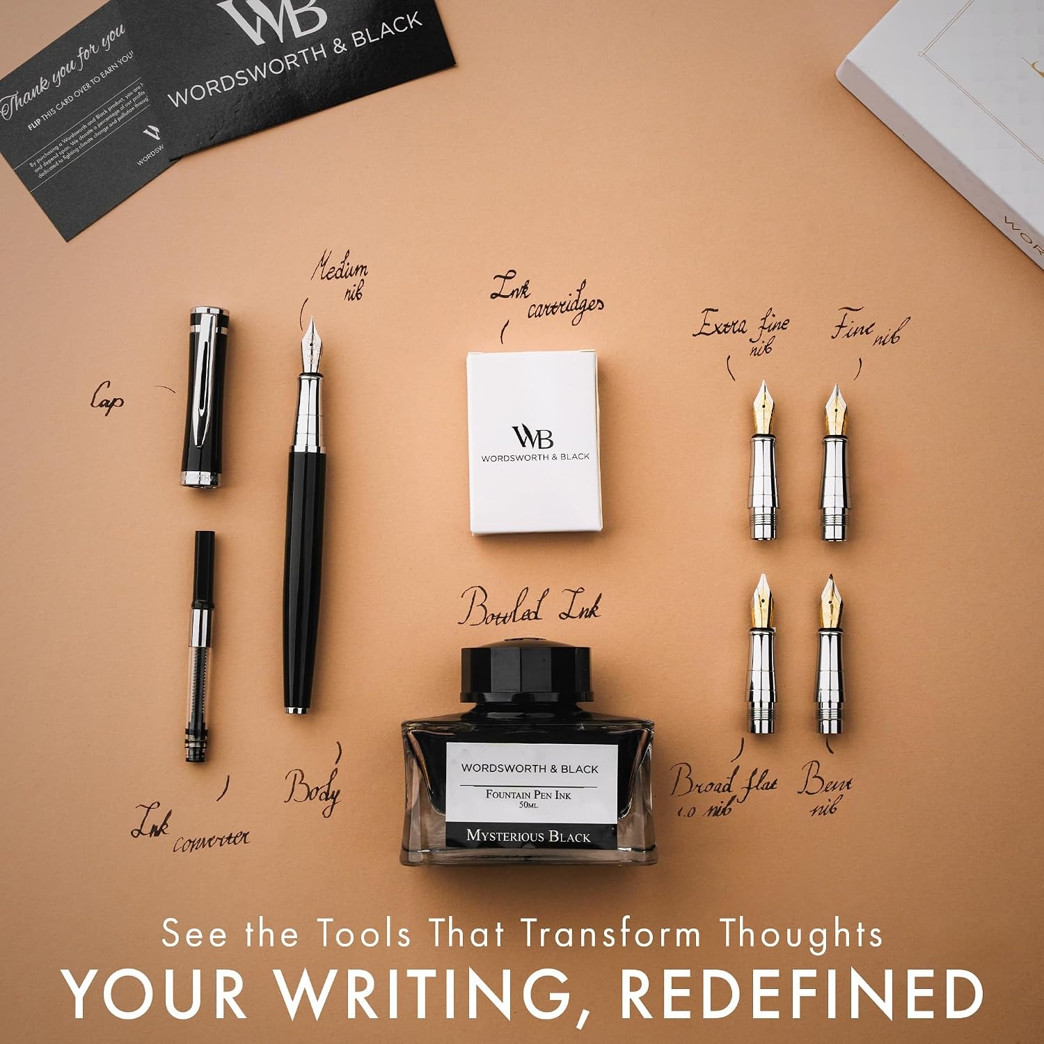 image:imageWordsworth amp Black Fountain Pen Gift Set Includes Bottle 6 Cartridges Refill Converter 4 Replacement Nibs Premium Package Journaling Calligraphy Smooth Writing Pens Red ChromeBlack Chrome