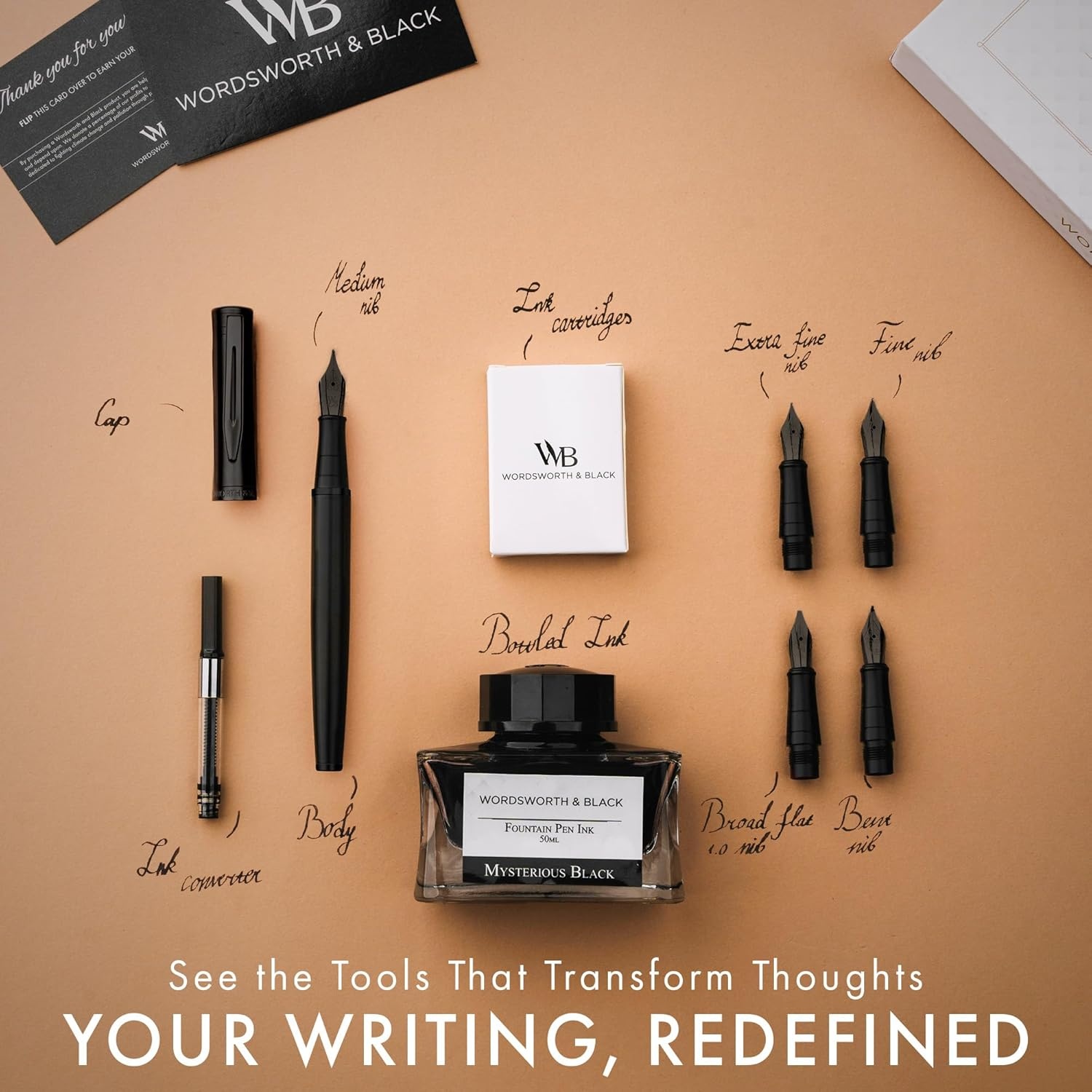 image:imageWordsworth amp Black Fountain Pen Gift Set Includes Bottle 6 Cartridges Refill Converter 4 Replacement Nibs Premium Package Journaling Calligraphy Smooth Writing Pens Red ChromeAll Black