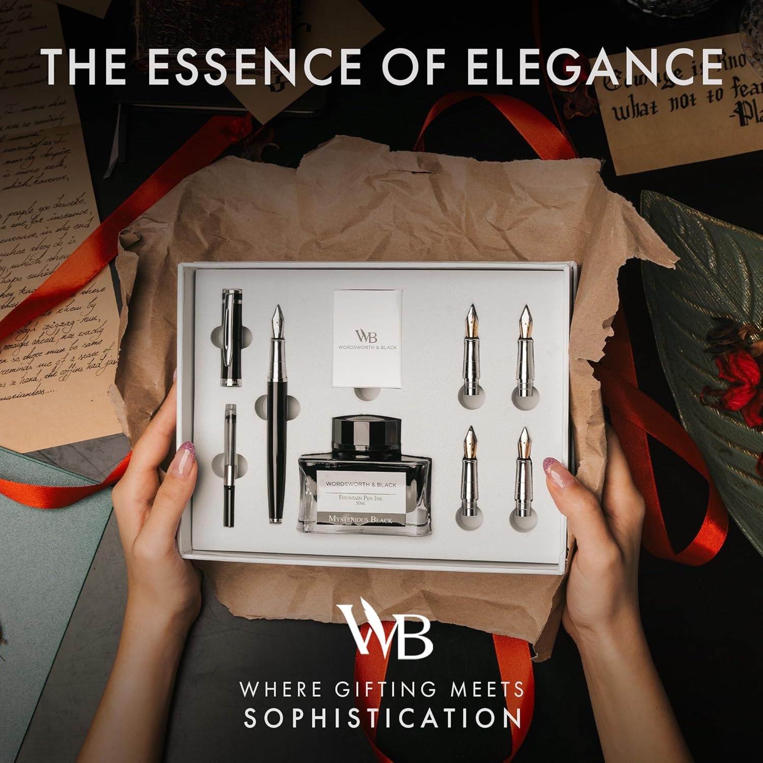 image:imageWordsworth amp Black Fountain Pen Gift Set Includes Bottle 6 Cartridges Refill Converter 4 Replacement Nibs Premium Package Journaling Calligraphy Smooth Writing Pens Red ChromeBlack Chrome
