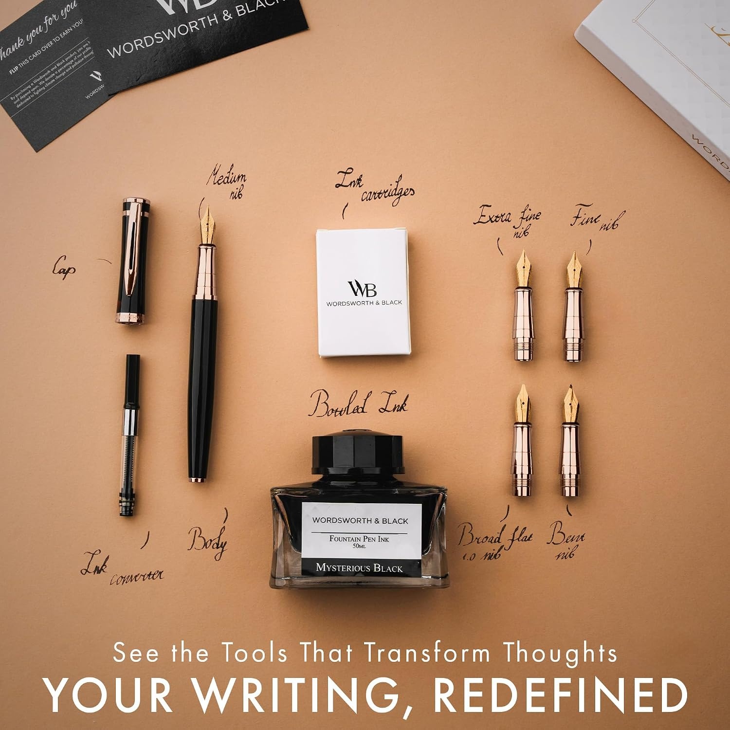 image:imageWordsworth amp Black Fountain Pen Gift Set Includes Bottle 6 Cartridges Refill Converter 4 Replacement Nibs Premium Package Journaling Calligraphy Smooth Writing Pens Red ChromeBlack Rose Gold