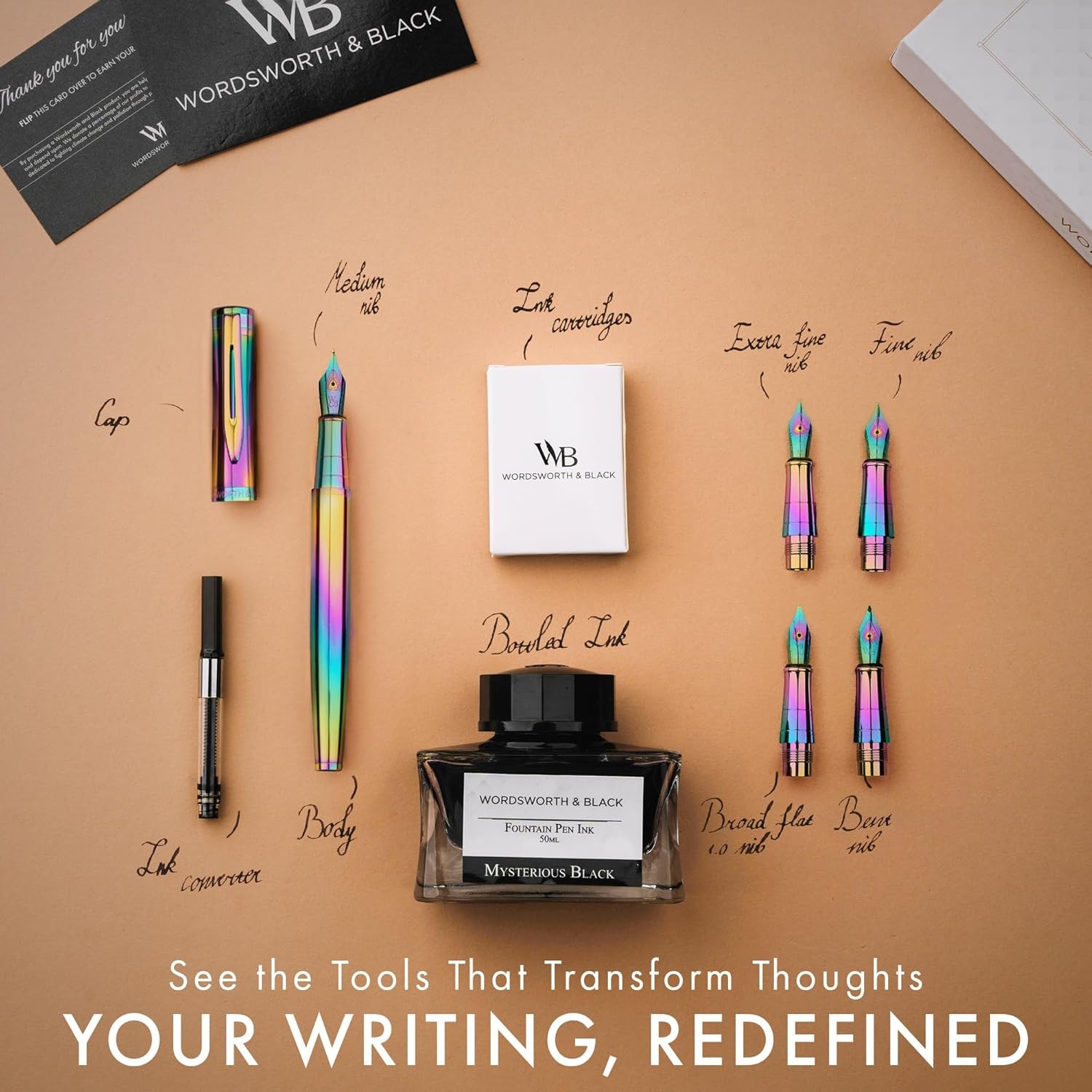 image:imageWordsworth amp Black Fountain Pen Gift Set Includes Bottle 6 Cartridges Refill Converter 4 Replacement Nibs Premium Package Journaling Calligraphy Smooth Writing Pens Red ChromeRainbow