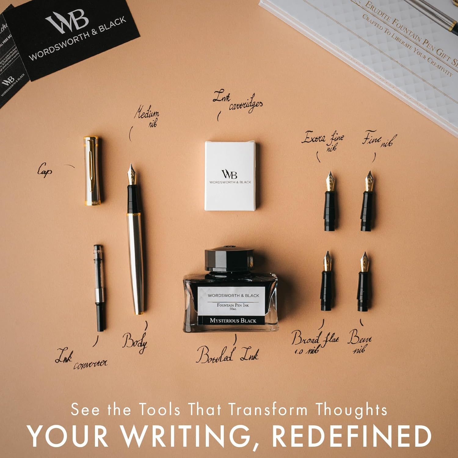 image:imageWordsworth amp Black Fountain Pen Gift Set Includes Bottle 6 Cartridges Refill Converter 4 Replacement Nibs Premium Package Journaling Calligraphy Smooth Writing Pens Red ChromeSilver Chrome