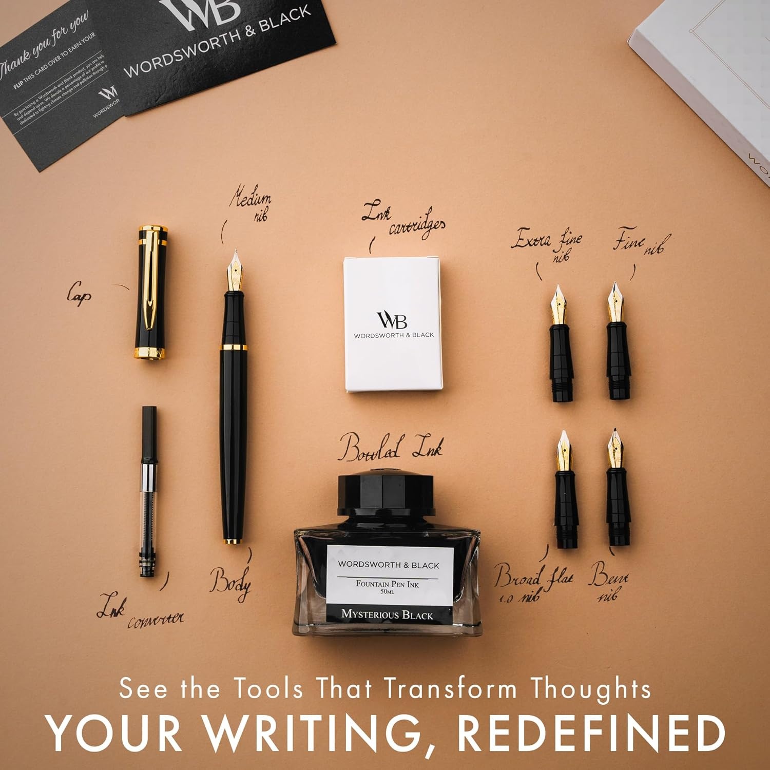 image:imageWordsworth amp Black Fountain Pen Gift Set Includes Bottle 6 Cartridges Refill Converter 4 Replacement Nibs Premium Package Journaling Calligraphy Smooth Writing Pens Red ChromeBlack Gold