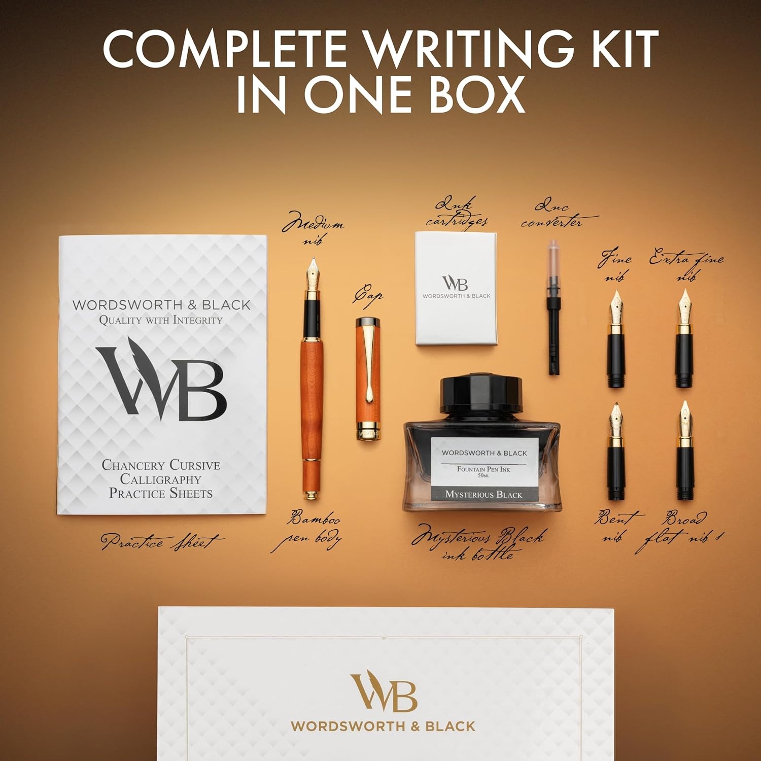 image:imageWordsworth amp Black Fountain Pen Gift Set Includes Ink Bottle 6 Cartridges Refill Converter 4 Replacement Nibs Luxury Bamboo Journaling Calligraphy Smooth Writing Pens RosewoodCherry Wood