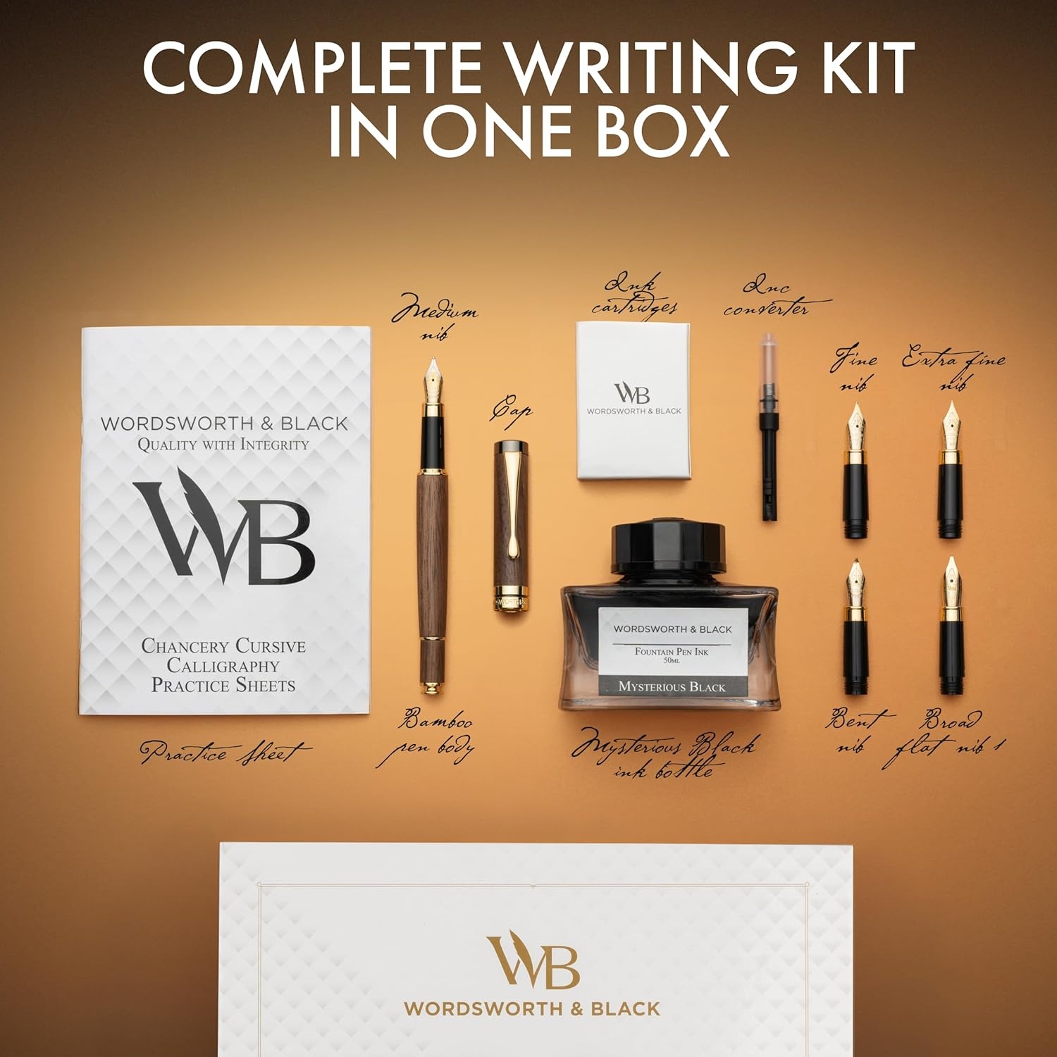 image:imageWordsworth amp Black Fountain Pen Gift Set Includes Ink Bottle 6 Cartridges Refill Converter 4 Replacement Nibs Luxury Bamboo Journaling Calligraphy Smooth Writing Pens RosewoodBrown Wood