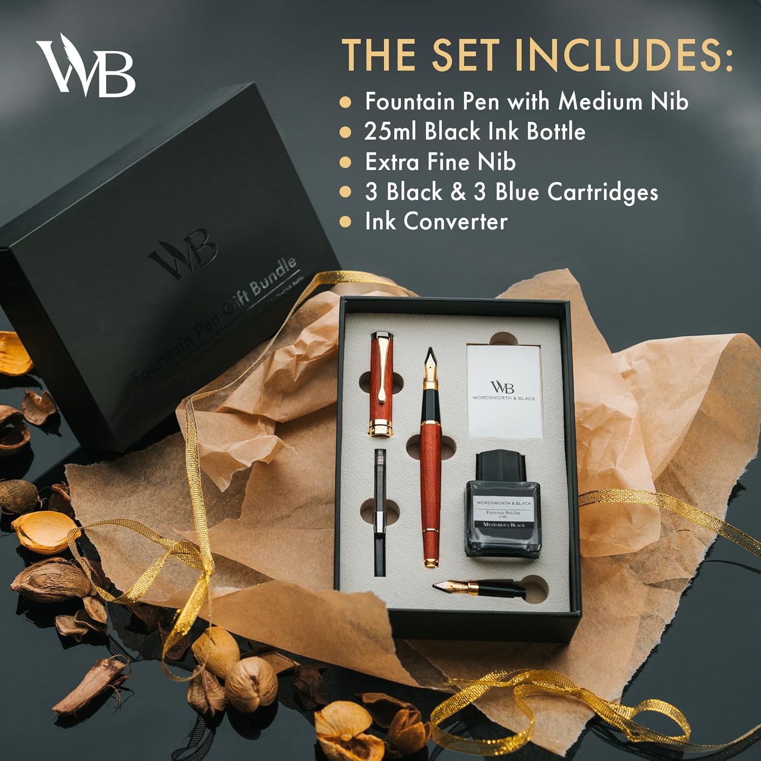 image:imageWordsworth amp Black Fountain Pen Set Luxury Bamboo Wood Medium Nib Extra Fine Nib Gift Case 25ML Black Ink Bottle 6 Ink Cartridges Refill Converter Calligraphy Writing Cherry WoodBrown Wood