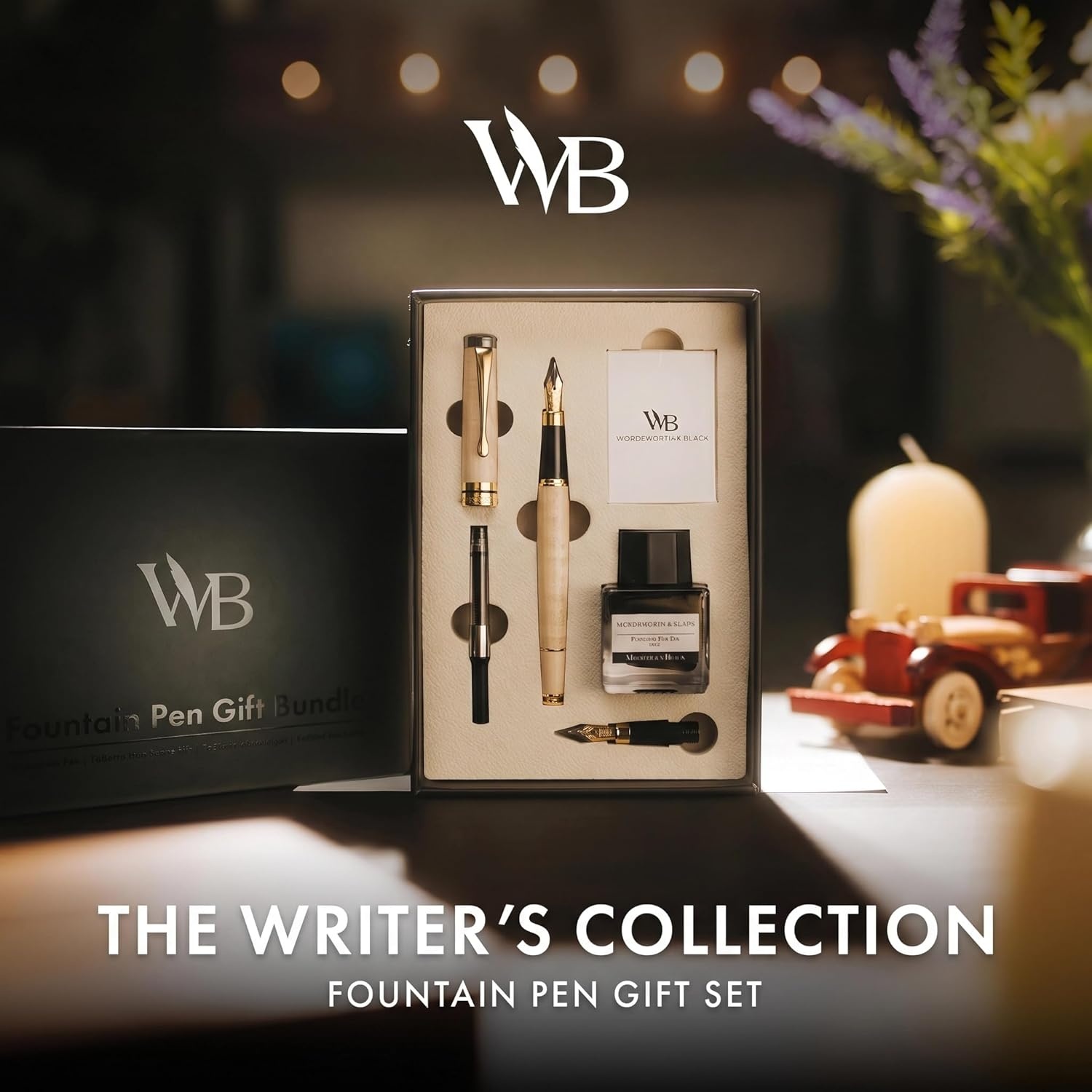 image:imageWordsworth amp Black Fountain Pen Set Luxury Bamboo Wood Medium Nib Extra Fine Nib Gift Case 25ML Black Ink Bottle 6 Ink Cartridges Refill Converter Calligraphy Writing Cherry WoodMaple Wood