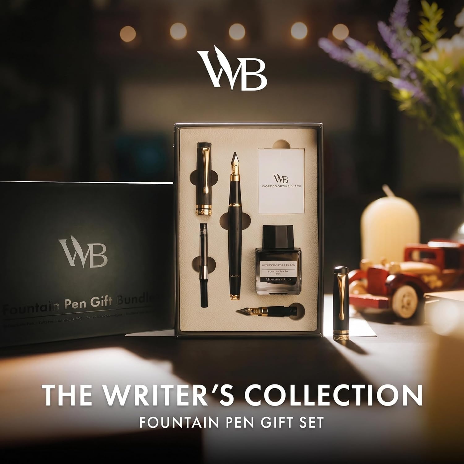 image:imageWordsworth amp Black Fountain Pen Set Luxury Bamboo Wood Medium Nib Extra Fine Nib Gift Case 25ML Black Ink Bottle 6 Ink Cartridges Refill Converter Calligraphy Writing Cherry WoodBlack Wood