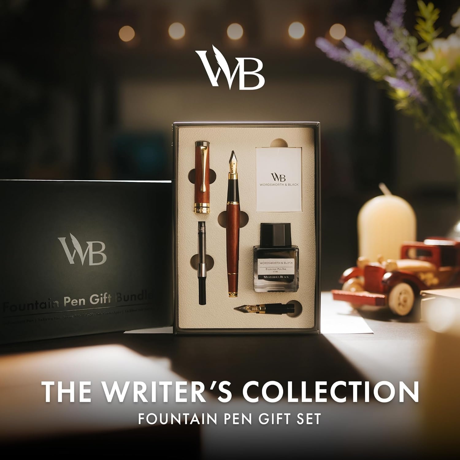 image:imageWordsworth amp Black Fountain Pen Set Luxury Bamboo Wood Medium Nib Extra Fine Nib Gift Case 25ML Black Ink Bottle 6 Ink Cartridges Refill Converter Calligraphy Writing Cherry WoodRosewood