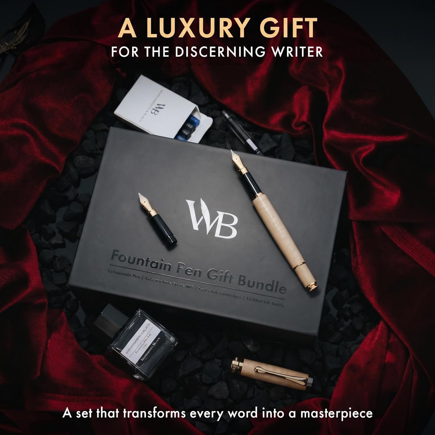 image:imageWordsworth amp Black Fountain Pen Set Luxury Bamboo Wood Medium Nib Extra Fine Nib Gift Case 25ML Black Ink Bottle 6 Ink Cartridges Refill Converter Calligraphy Writing Cherry WoodMaple Wood