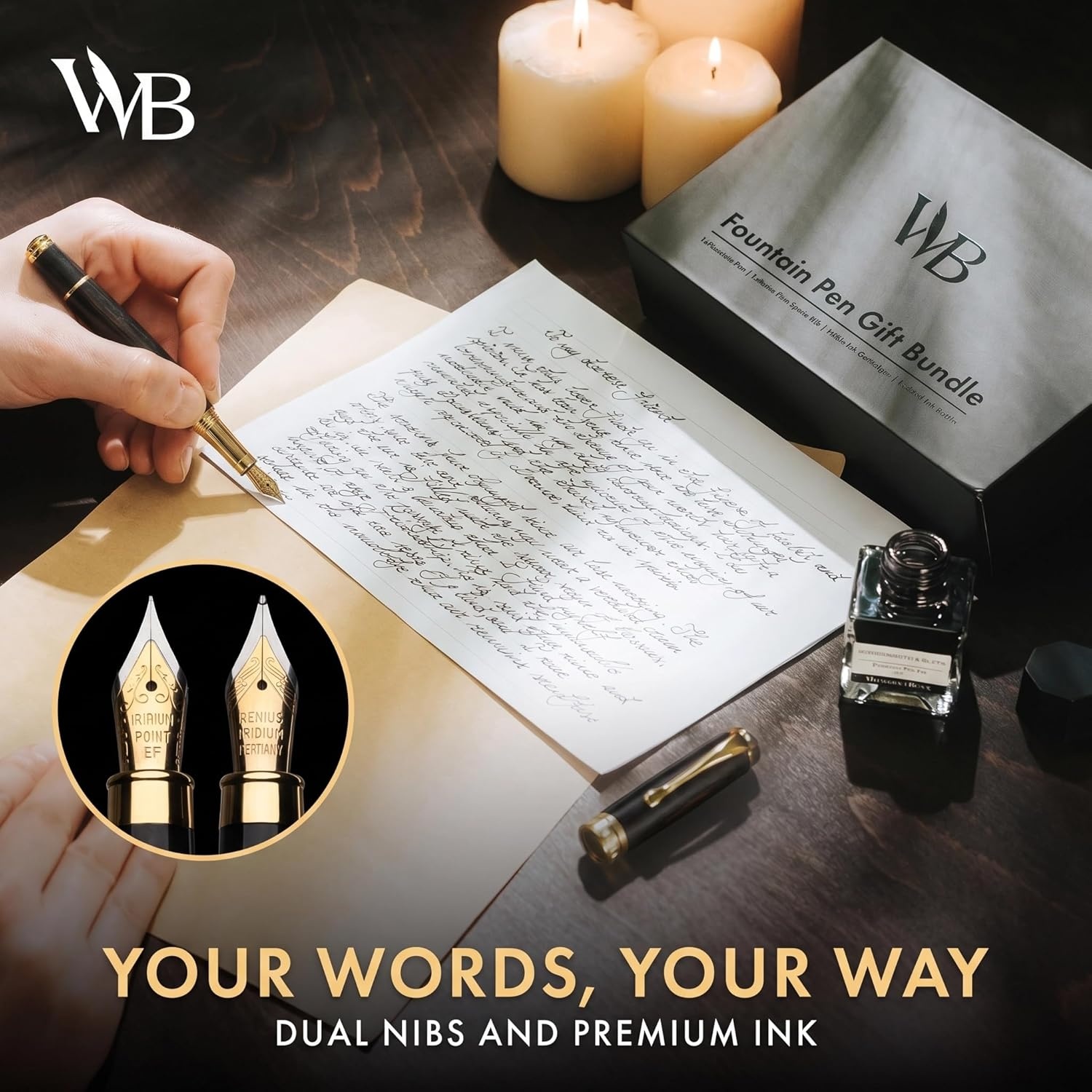 image:imageWordsworth amp Black Fountain Pen Set Luxury Bamboo Wood Medium Nib Extra Fine Nib Gift Case 25ML Black Ink Bottle 6 Ink Cartridges Refill Converter Calligraphy Writing Cherry WoodBlack Wood