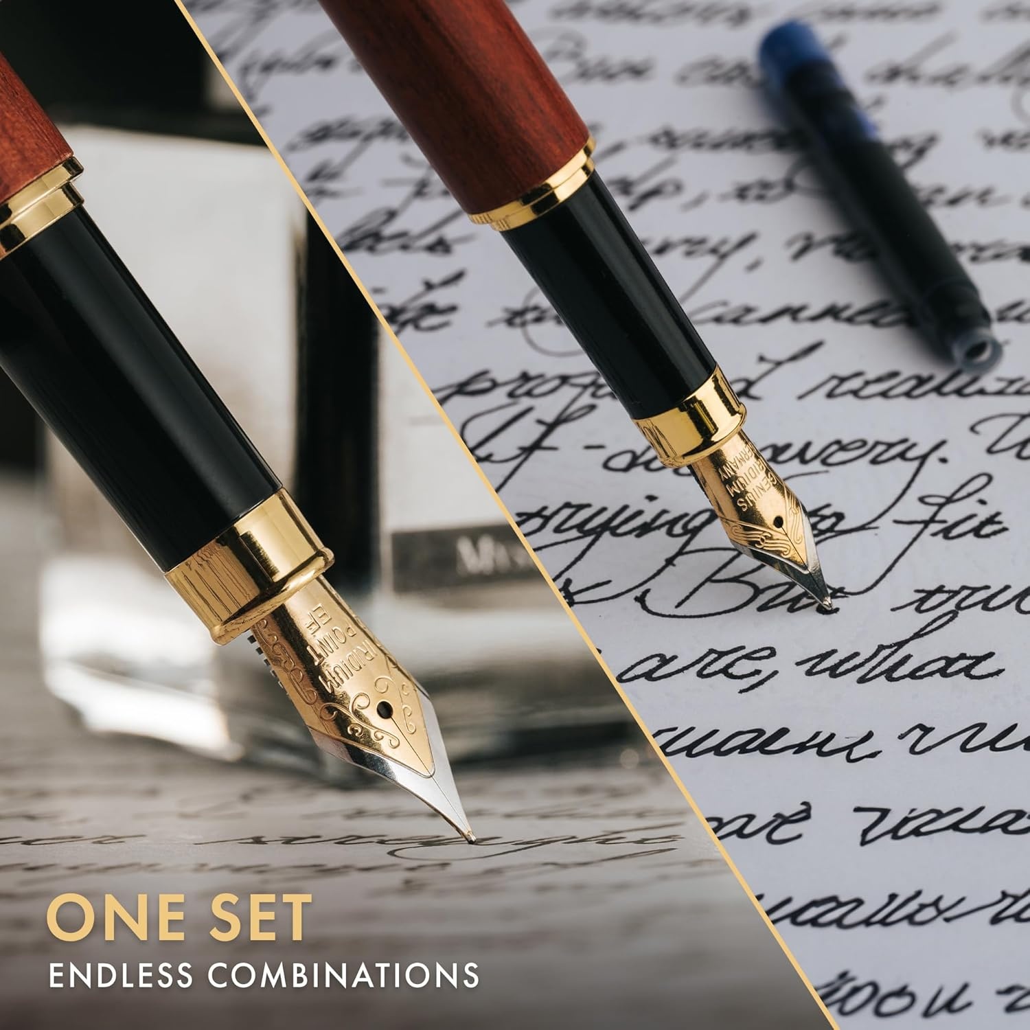 image:imageWordsworth amp Black Fountain Pen Set Luxury Bamboo Wood Medium Nib Extra Fine Nib Gift Case 25ML Black Ink Bottle 6 Ink Cartridges Refill Converter Calligraphy Writing Cherry WoodBrown Wood