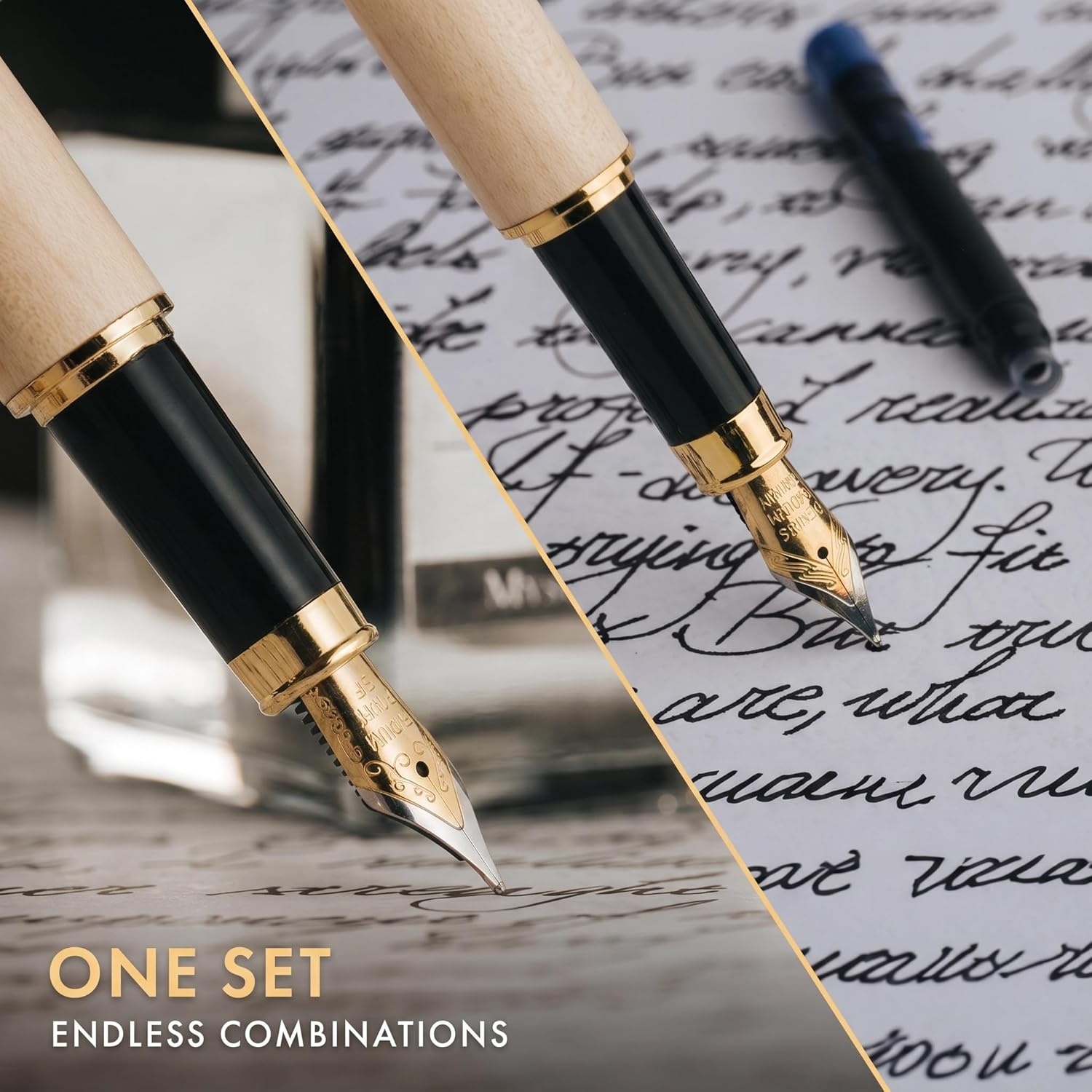 image:imageWordsworth amp Black Fountain Pen Set Luxury Bamboo Wood Medium Nib Extra Fine Nib Gift Case 25ML Black Ink Bottle 6 Ink Cartridges Refill Converter Calligraphy Writing Cherry WoodMaple Wood