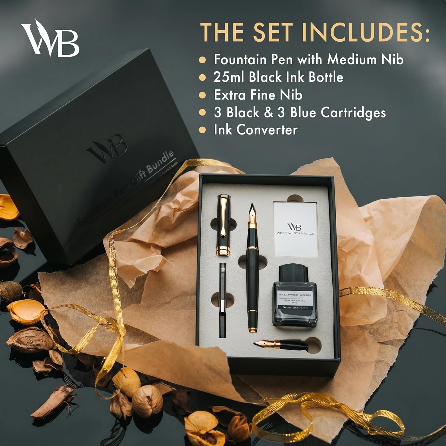 image:imageWordsworth amp Black Fountain Pen Set Luxury Bamboo Wood Medium Nib Extra Fine Nib Gift Case 25ML Black Ink Bottle 6 Ink Cartridges Refill Converter Calligraphy Writing Cherry WoodBlack Wood