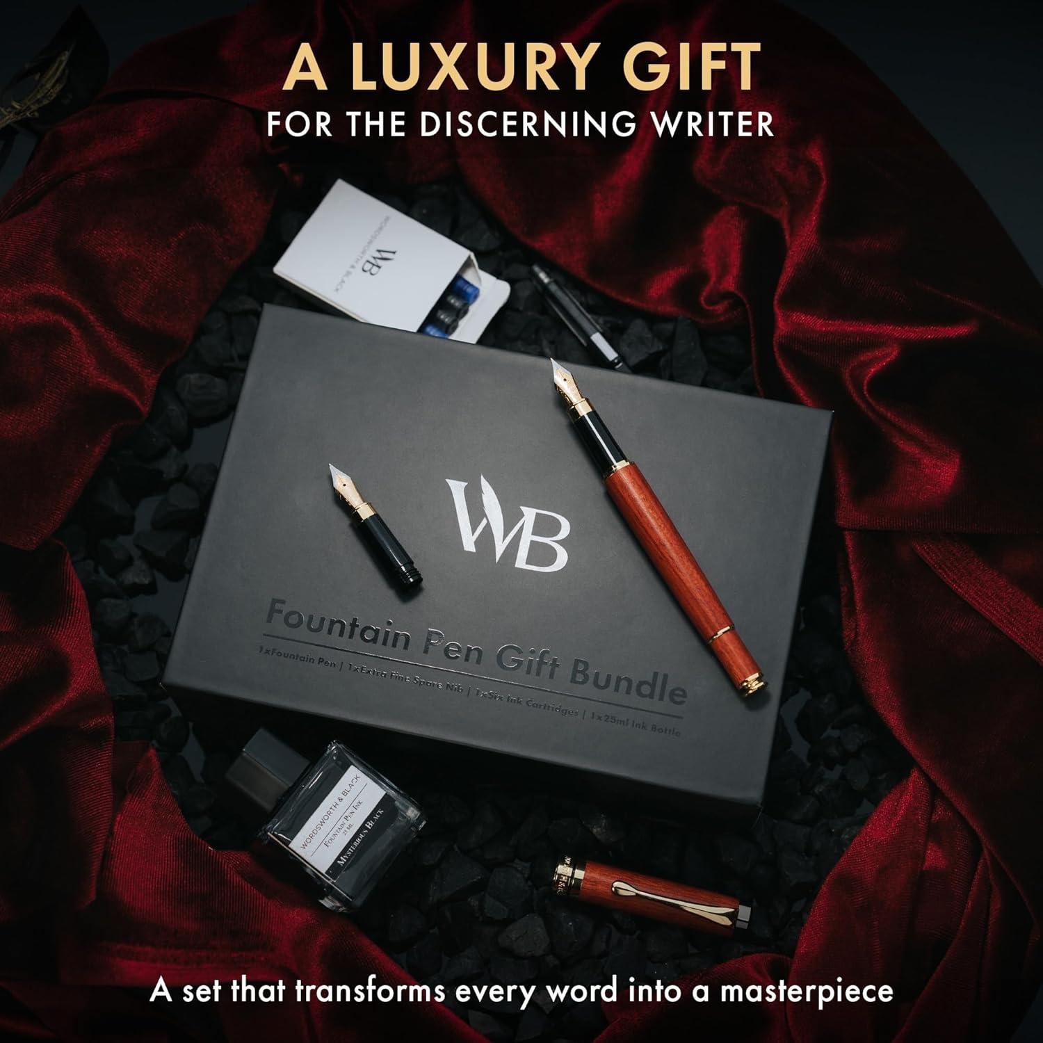 image:imageWordsworth amp Black Fountain Pen Set Luxury Bamboo Wood Medium Nib Extra Fine Nib Gift Case 25ML Black Ink Bottle 6 Ink Cartridges Refill Converter Calligraphy Writing Cherry WoodBrown Wood