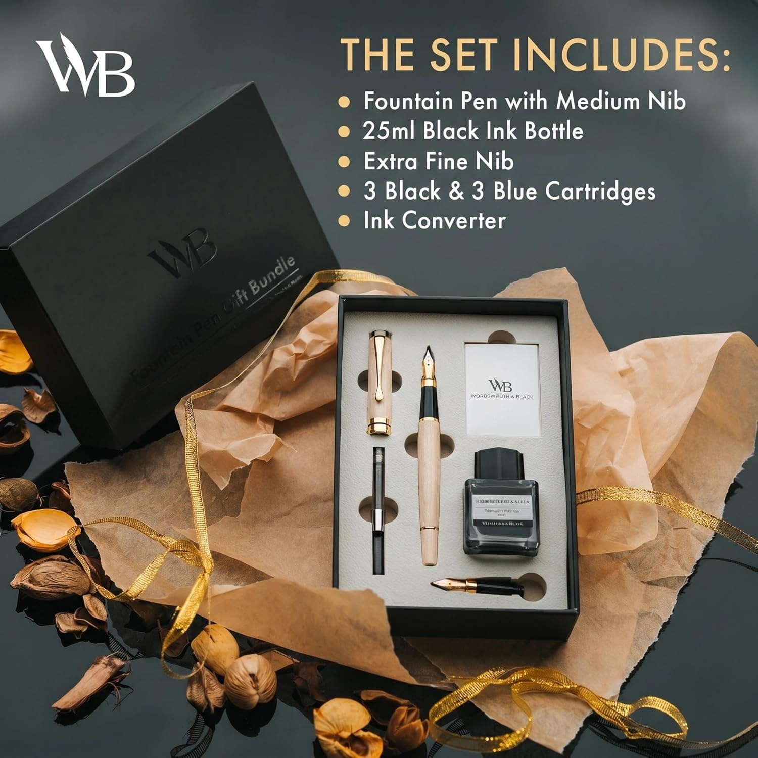 image:imageWordsworth amp Black Fountain Pen Set Luxury Bamboo Wood Medium Nib Extra Fine Nib Gift Case 25ML Black Ink Bottle 6 Ink Cartridges Refill Converter Calligraphy Writing Cherry WoodMaple Wood
