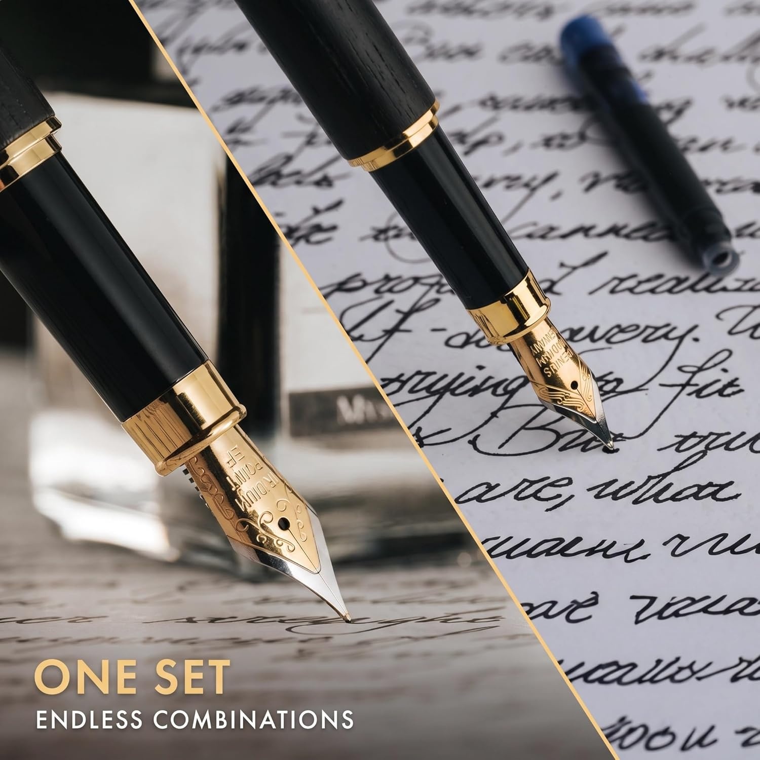image:imageWordsworth amp Black Fountain Pen Set Luxury Bamboo Wood Medium Nib Extra Fine Nib Gift Case 25ML Black Ink Bottle 6 Ink Cartridges Refill Converter Calligraphy Writing Cherry WoodBlack Wood