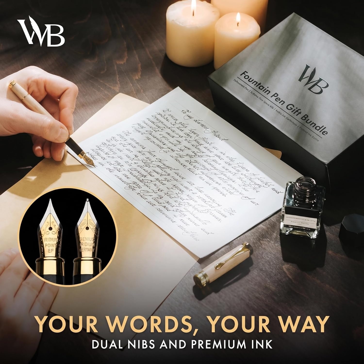 image:imageWordsworth amp Black Fountain Pen Set Luxury Bamboo Wood Medium Nib Extra Fine Nib Gift Case 25ML Black Ink Bottle 6 Ink Cartridges Refill Converter Calligraphy Writing Cherry WoodMaple Wood