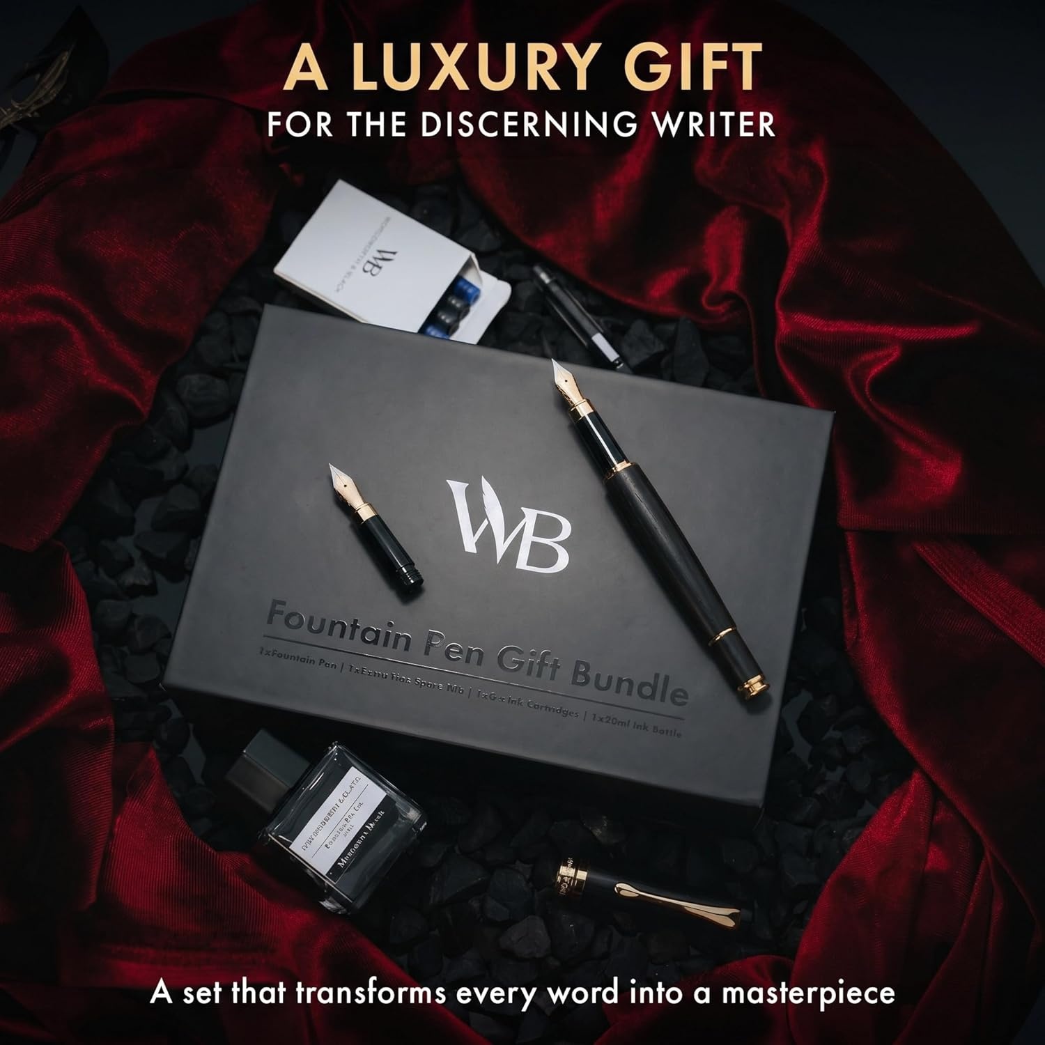 image:imageWordsworth amp Black Fountain Pen Set Luxury Bamboo Wood Medium Nib Extra Fine Nib Gift Case 25ML Black Ink Bottle 6 Ink Cartridges Refill Converter Calligraphy Writing Cherry WoodBlack Wood