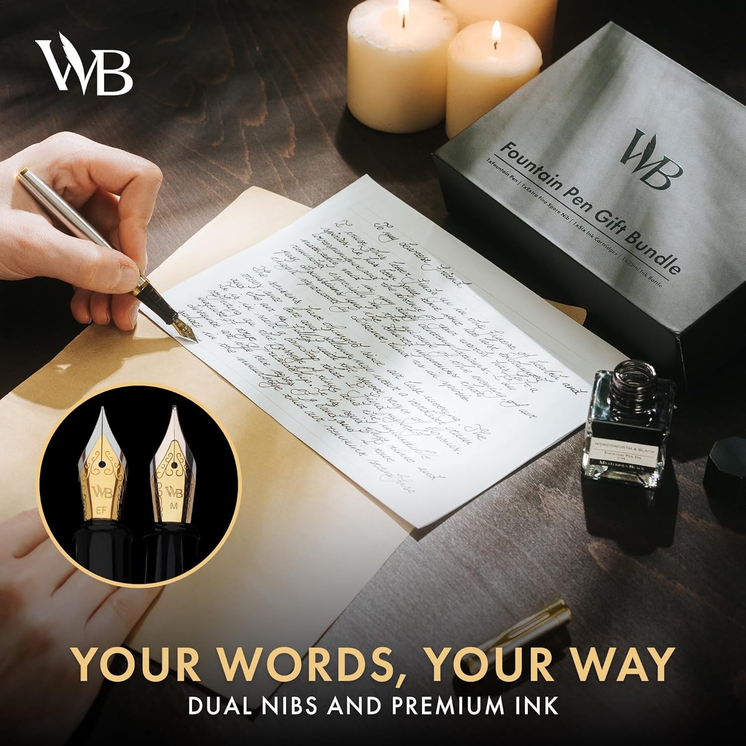 image:imageWordsworth amp Black Fountain Pen Set18K Gilded Medium and Extra Fine Nib25ML Black Ink Bottle6 Ink CartridgesRefill ConverterGift BoxSmooth Writing Pen Silver ChromeGift Set for Men and WomenSilver Gold