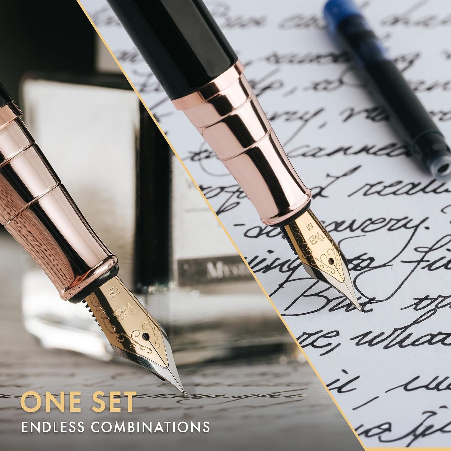 image:imageWordsworth amp Black Fountain Pen Set18K Gilded Medium and Extra Fine Nib25ML Black Ink Bottle6 Ink CartridgesRefill ConverterGift BoxSmooth Writing Pen Silver ChromeGift Set for Men and WomenBlack Rose Gold