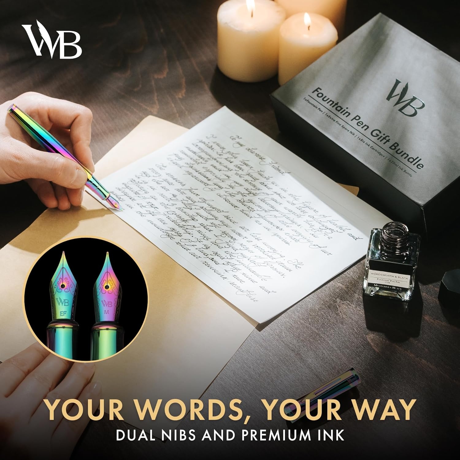 image:imageWordsworth amp Black Fountain Pen Set18K Gilded Medium and Extra Fine Nib25ML Black Ink Bottle6 Ink CartridgesRefill ConverterGift BoxSmooth Writing Pen Silver ChromeGift Set for Men and WomenRainbow