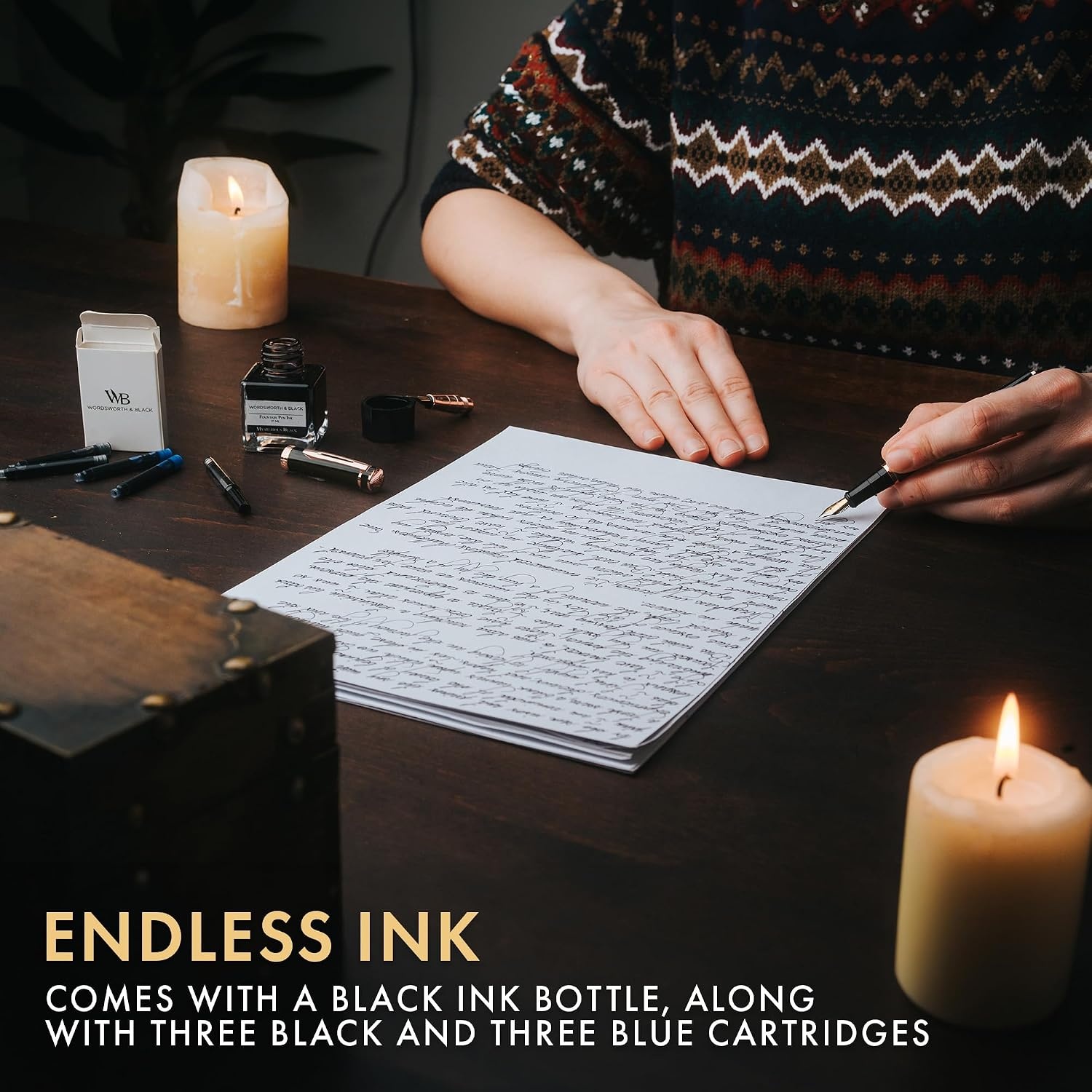image:imageWordsworth amp Black Fountain Pen Set18K Gilded Medium and Extra Fine Nib25ML Black Ink Bottle6 Ink CartridgesRefill ConverterGift BoxSmooth Writing Pen Silver ChromeGift Set for Men and WomenBlack Rose Gold
