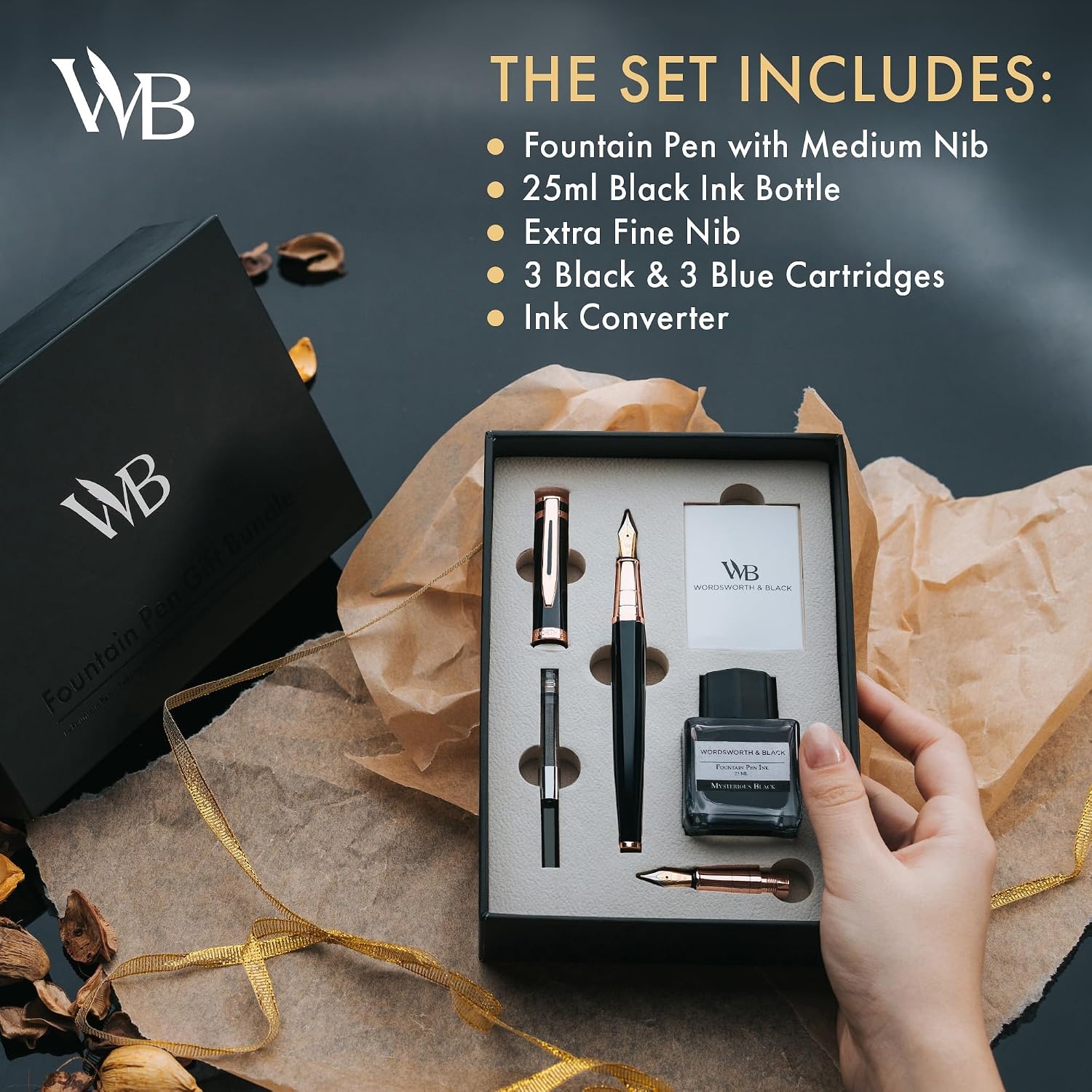 image:imageWordsworth amp Black Fountain Pen Set18K Gilded Medium and Extra Fine Nib25ML Black Ink Bottle6 Ink CartridgesRefill ConverterGift BoxSmooth Writing Pen Silver ChromeGift Set for Men and WomenBlack Rose Gold