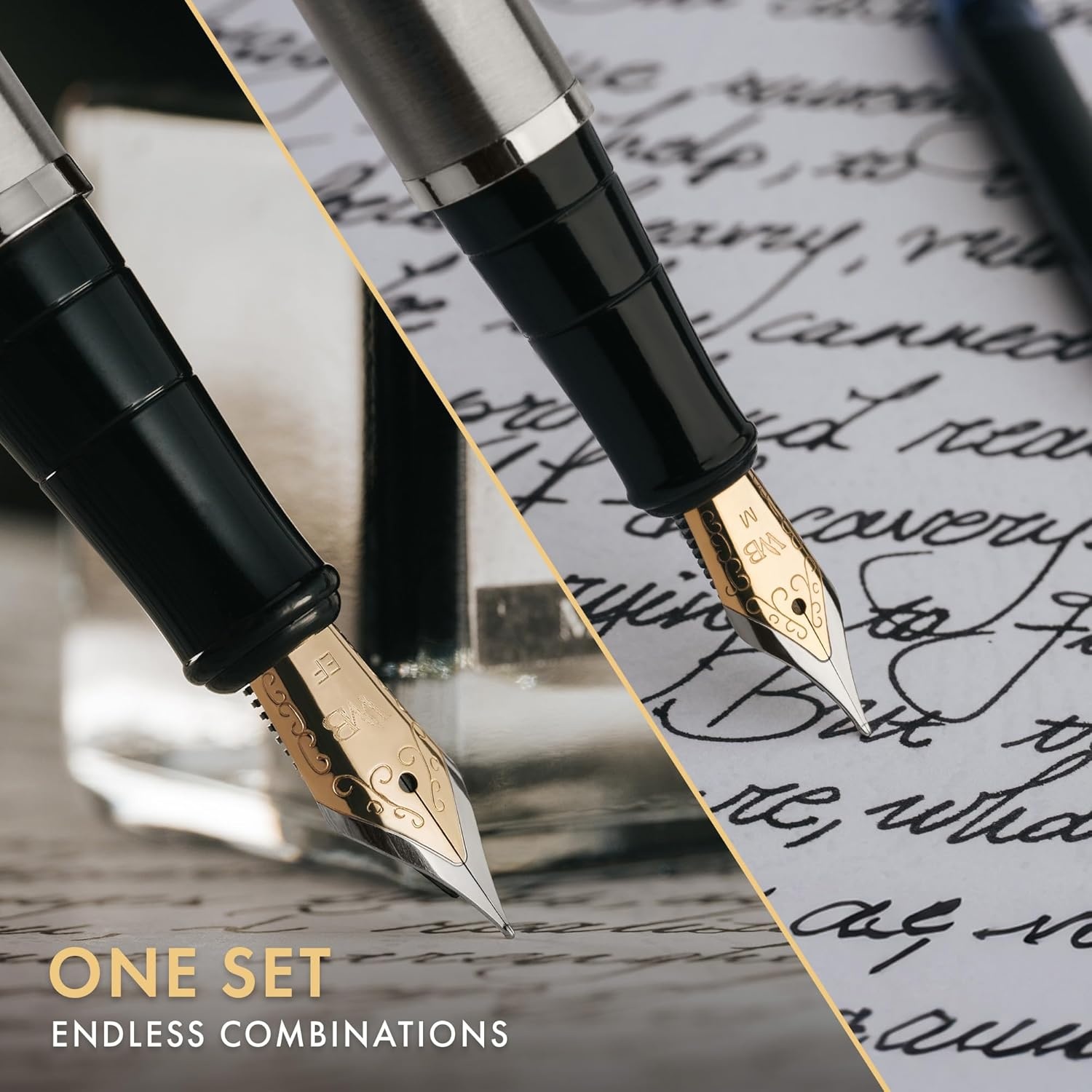 image:imageWordsworth amp Black Fountain Pen Set18K Gilded Medium and Extra Fine Nib25ML Black Ink Bottle6 Ink CartridgesRefill ConverterGift BoxSmooth Writing Pen Silver ChromeGift Set for Men and WomenSilver Chrome