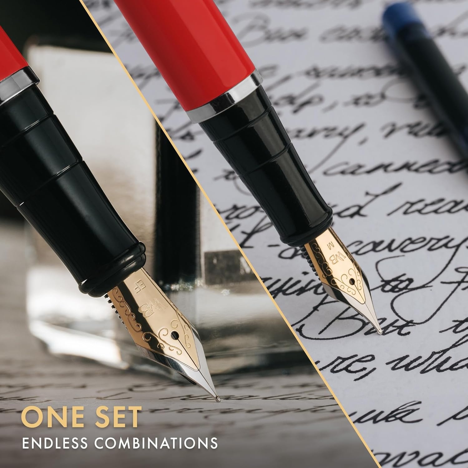 image:imageWordsworth amp Black Fountain Pen Set18K Gilded Medium and Extra Fine Nib25ML Black Ink Bottle6 Ink CartridgesRefill ConverterGift BoxSmooth Writing Pen Silver ChromeGift Set for Men and WomenRed Chrome