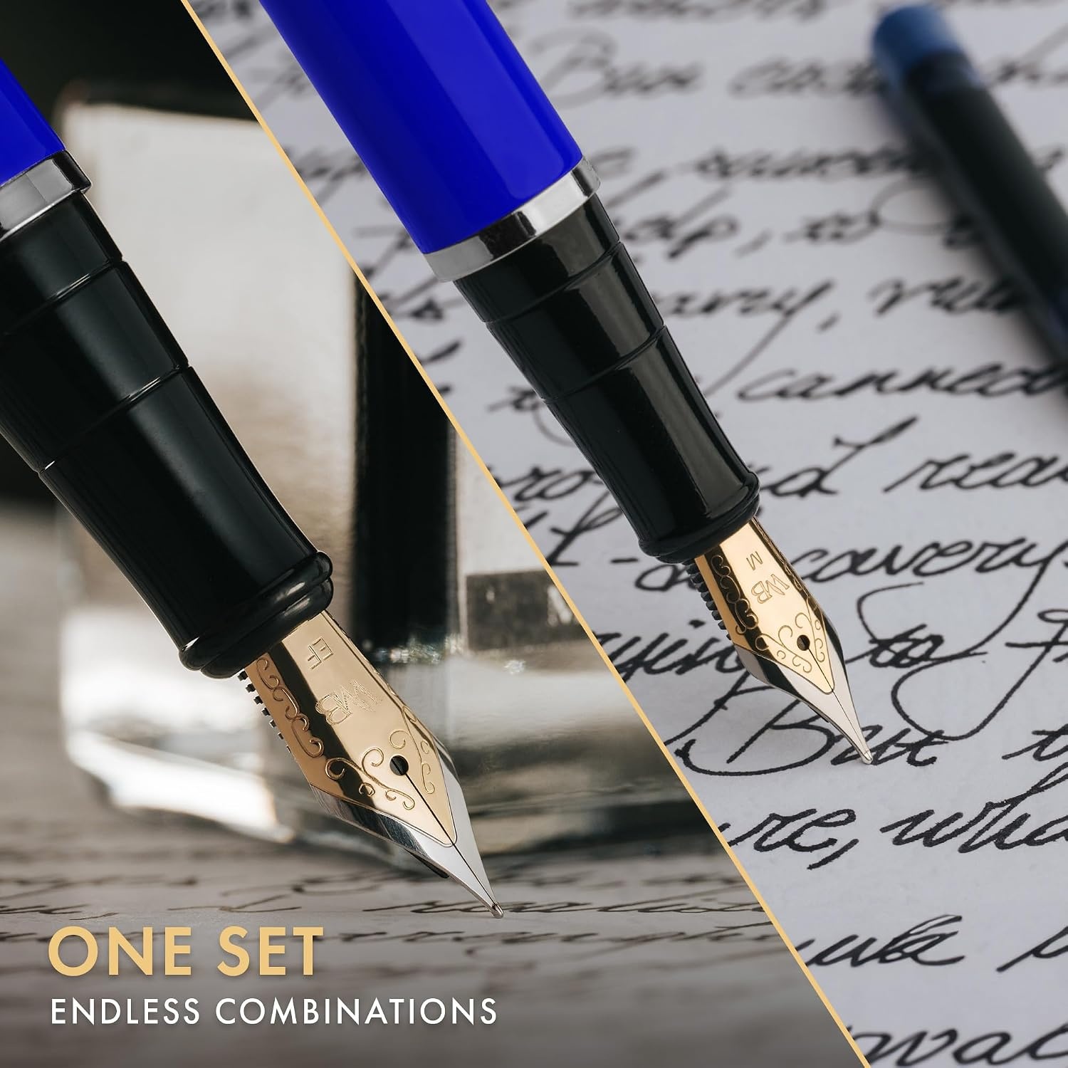 image:imageWordsworth amp Black Fountain Pen Set18K Gilded Medium and Extra Fine Nib25ML Black Ink Bottle6 Ink CartridgesRefill ConverterGift BoxSmooth Writing Pen Silver ChromeGift Set for Men and WomenBlue Chrome