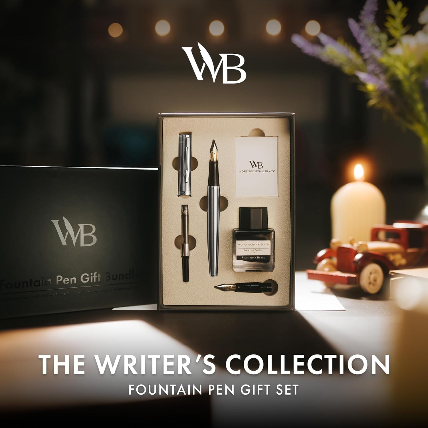image:imageWordsworth amp Black Fountain Pen Set18K Gilded Medium and Extra Fine Nib25ML Black Ink Bottle6 Ink CartridgesRefill ConverterGift BoxSmooth Writing Pen Silver ChromeGift Set for Men and WomenSilver Chrome