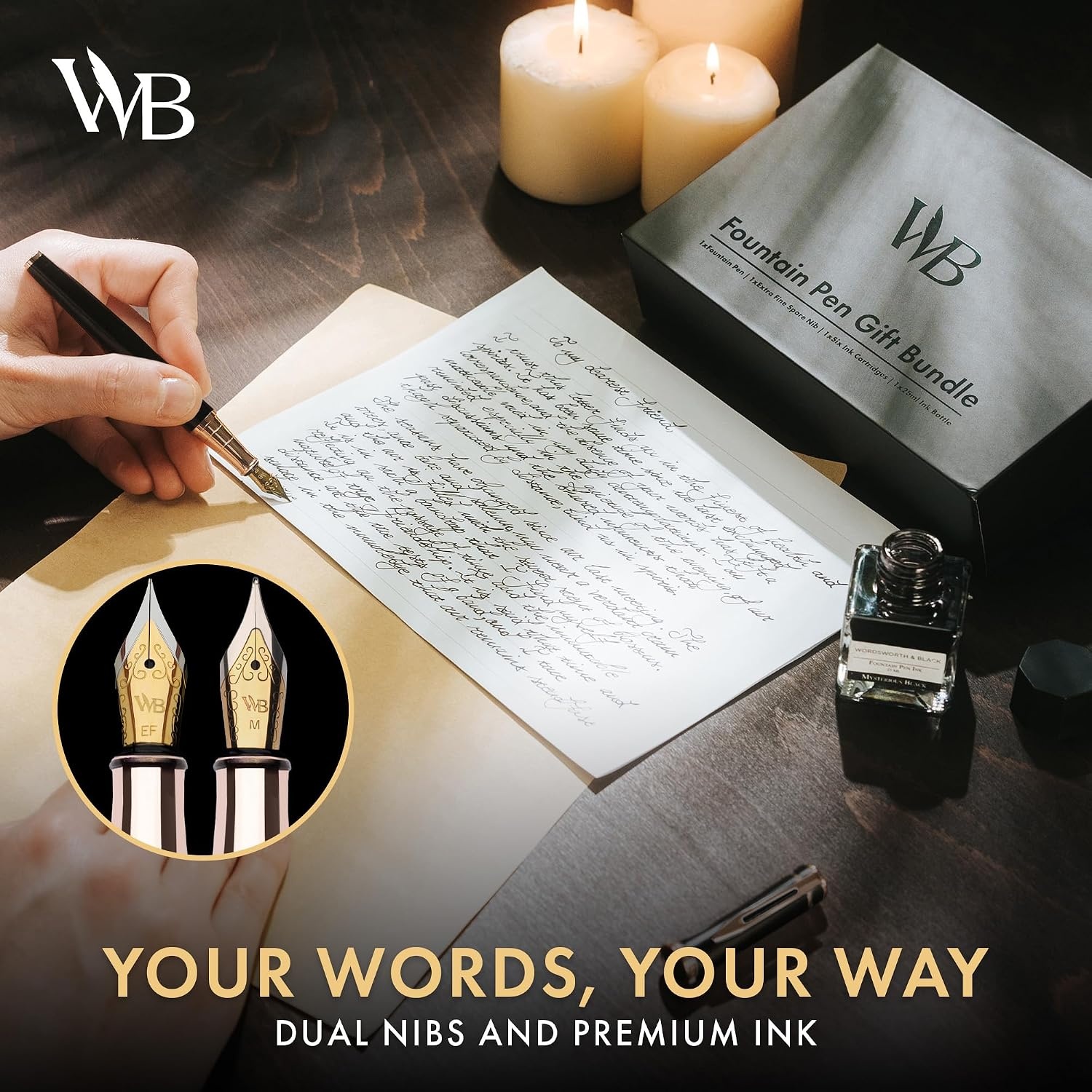 image:imageWordsworth amp Black Fountain Pen Set18K Gilded Medium and Extra Fine Nib25ML Black Ink Bottle6 Ink CartridgesRefill ConverterGift BoxSmooth Writing Pen Silver ChromeGift Set for Men and WomenBlack Rose Gold